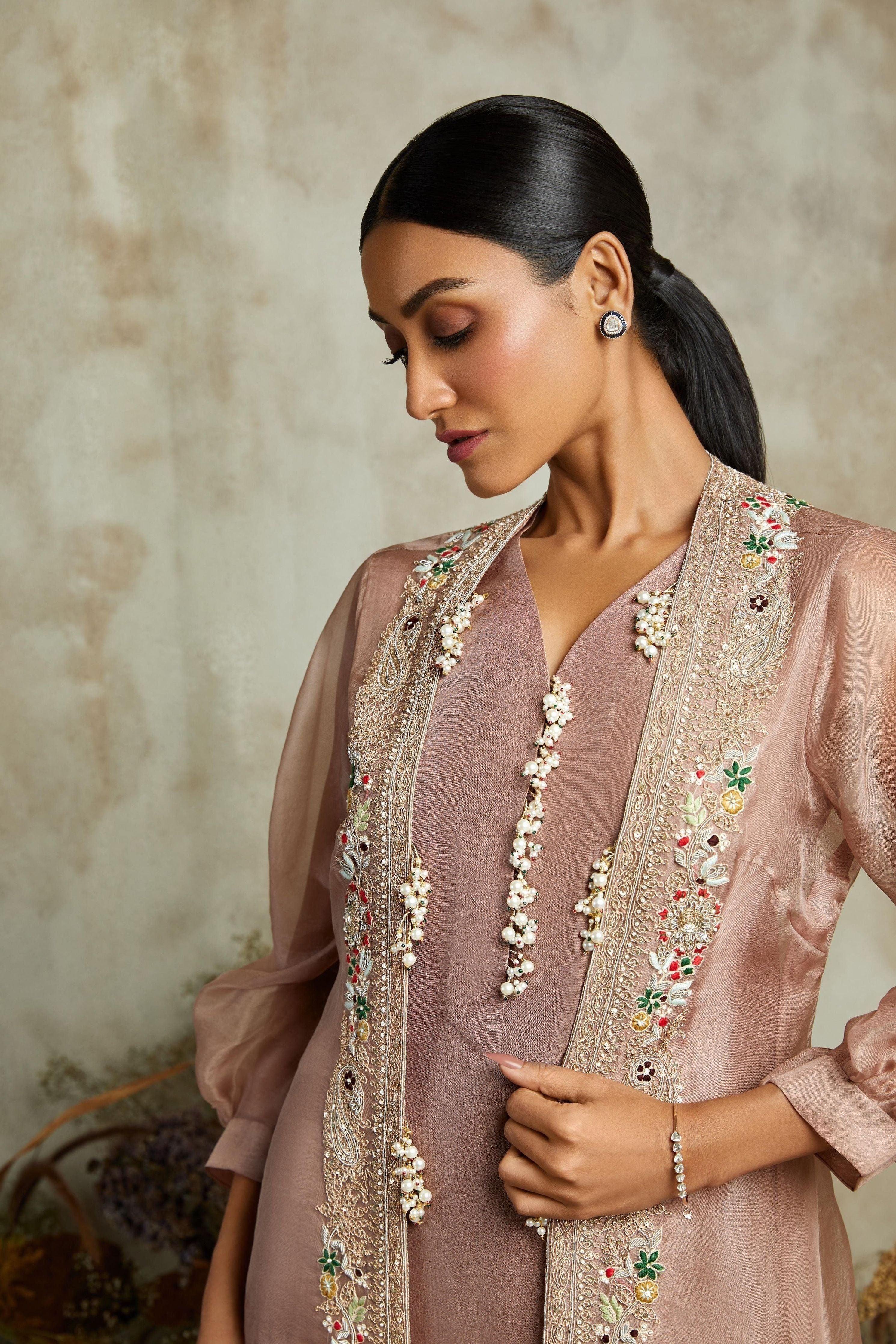 Amythst Silk Kurta With Organza Jacket And Cotton Pants - Mokshaa