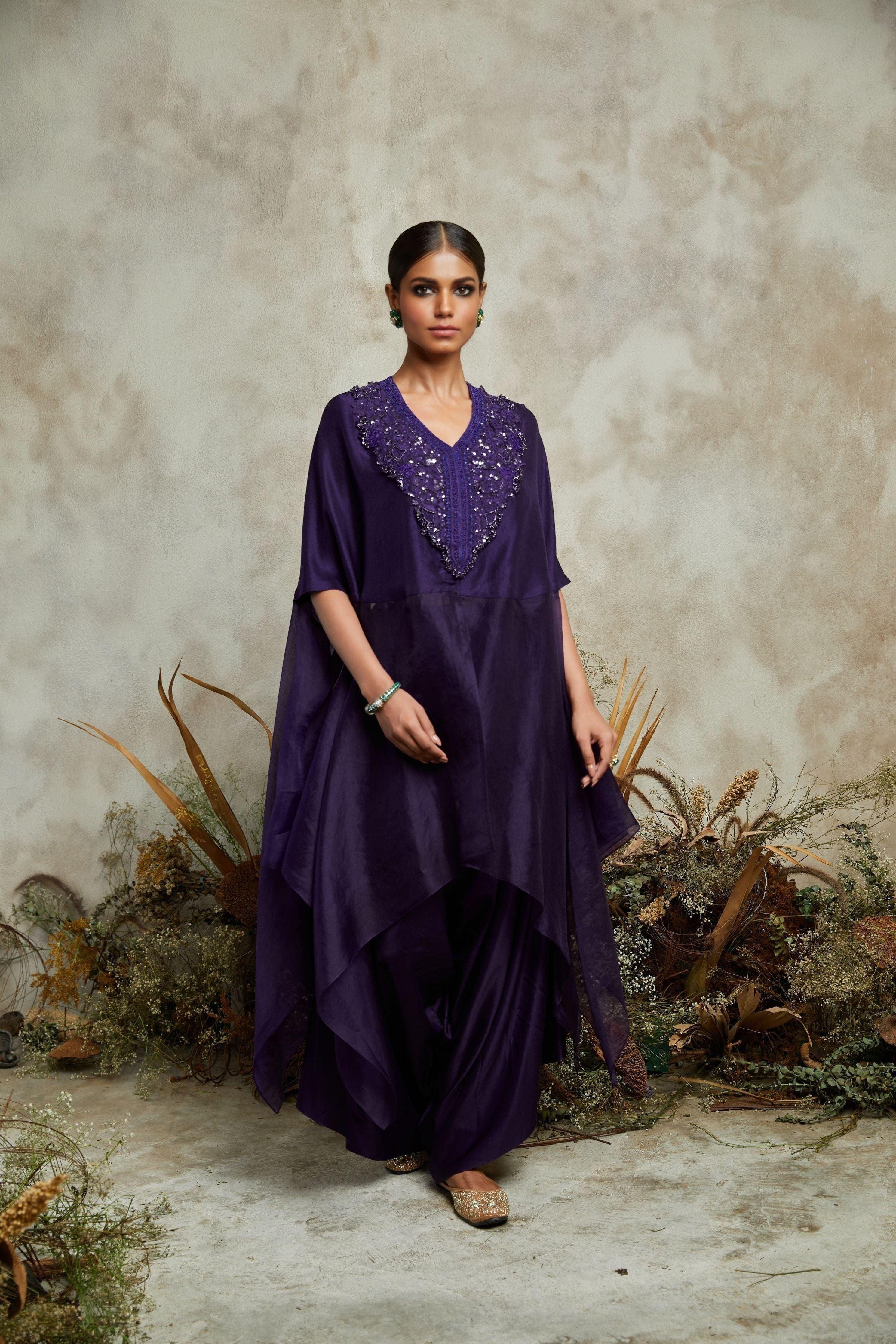 Dark Aubergine Silk And Organza Kaftaan With Silk Bustier And Cotton Satin Pants - Mokshaa