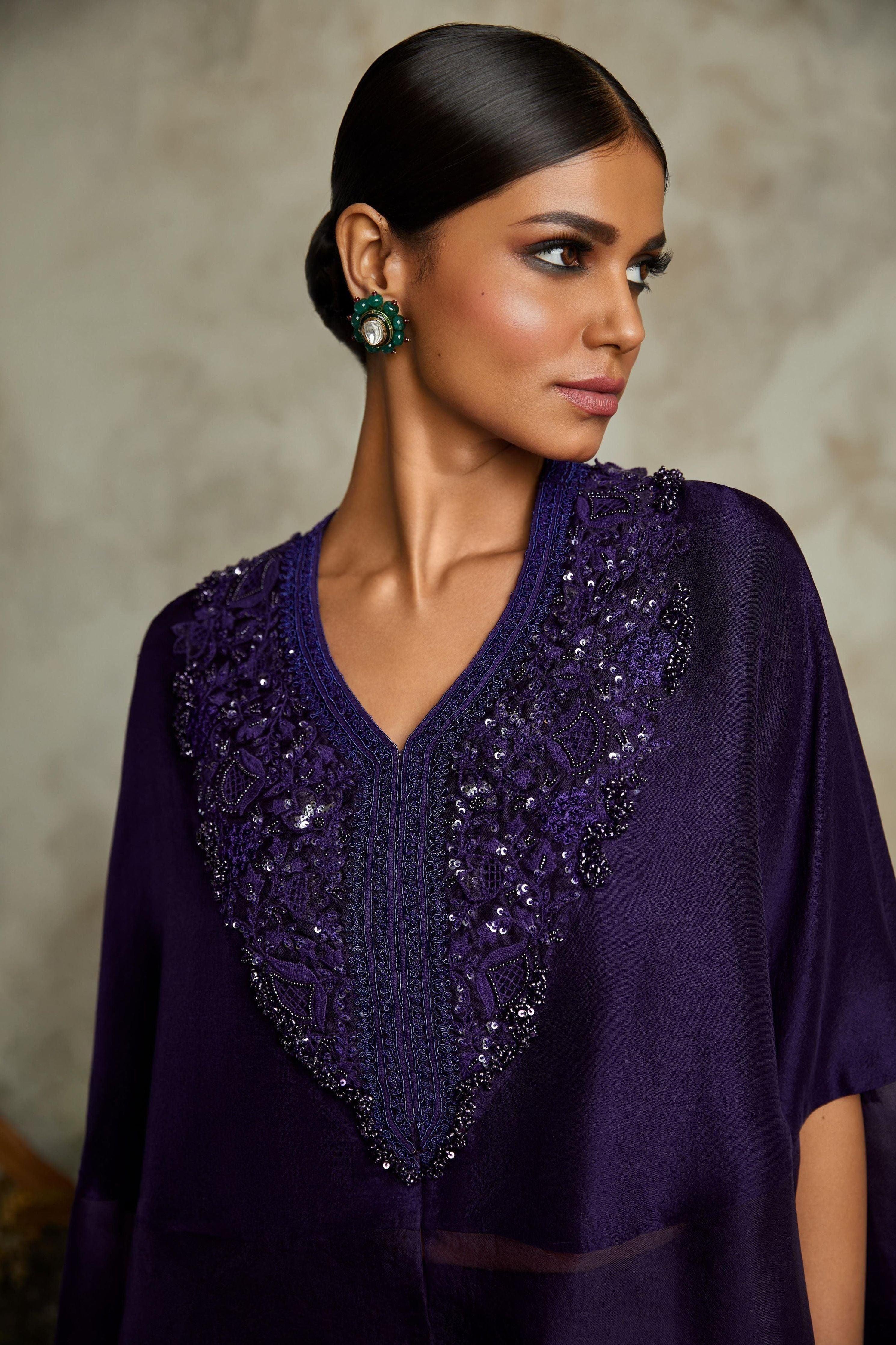 Dark Aubergine Silk And Organza Kaftaan With Silk Bustier And Cotton Satin Pants - Mokshaa