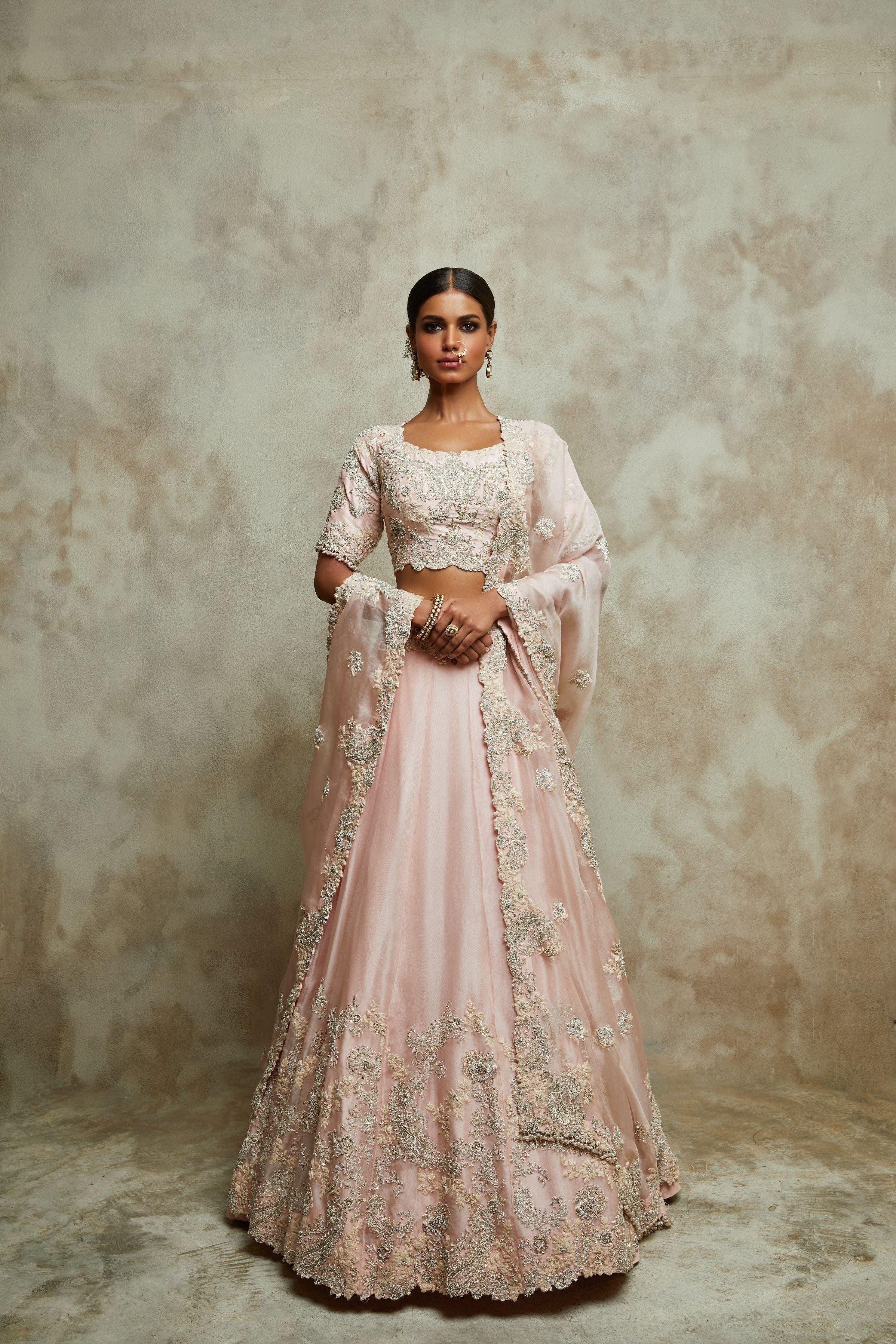 Flamingo Silk Blouse With Organza Lehenga And Dupatta - Mokshaa