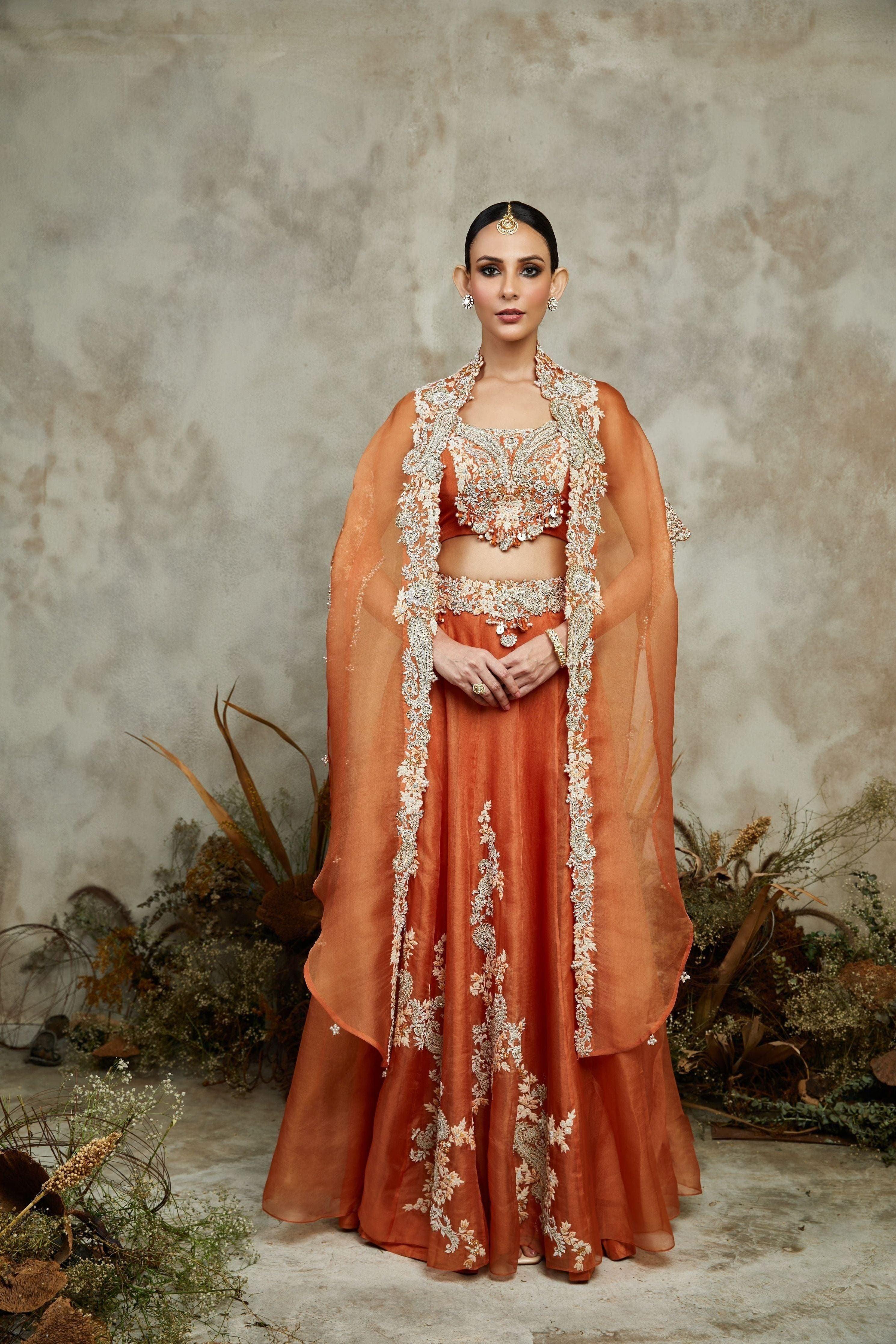 Burnt Orange Silk Blouse With Organza Cape And Skirt - Mokshaa
