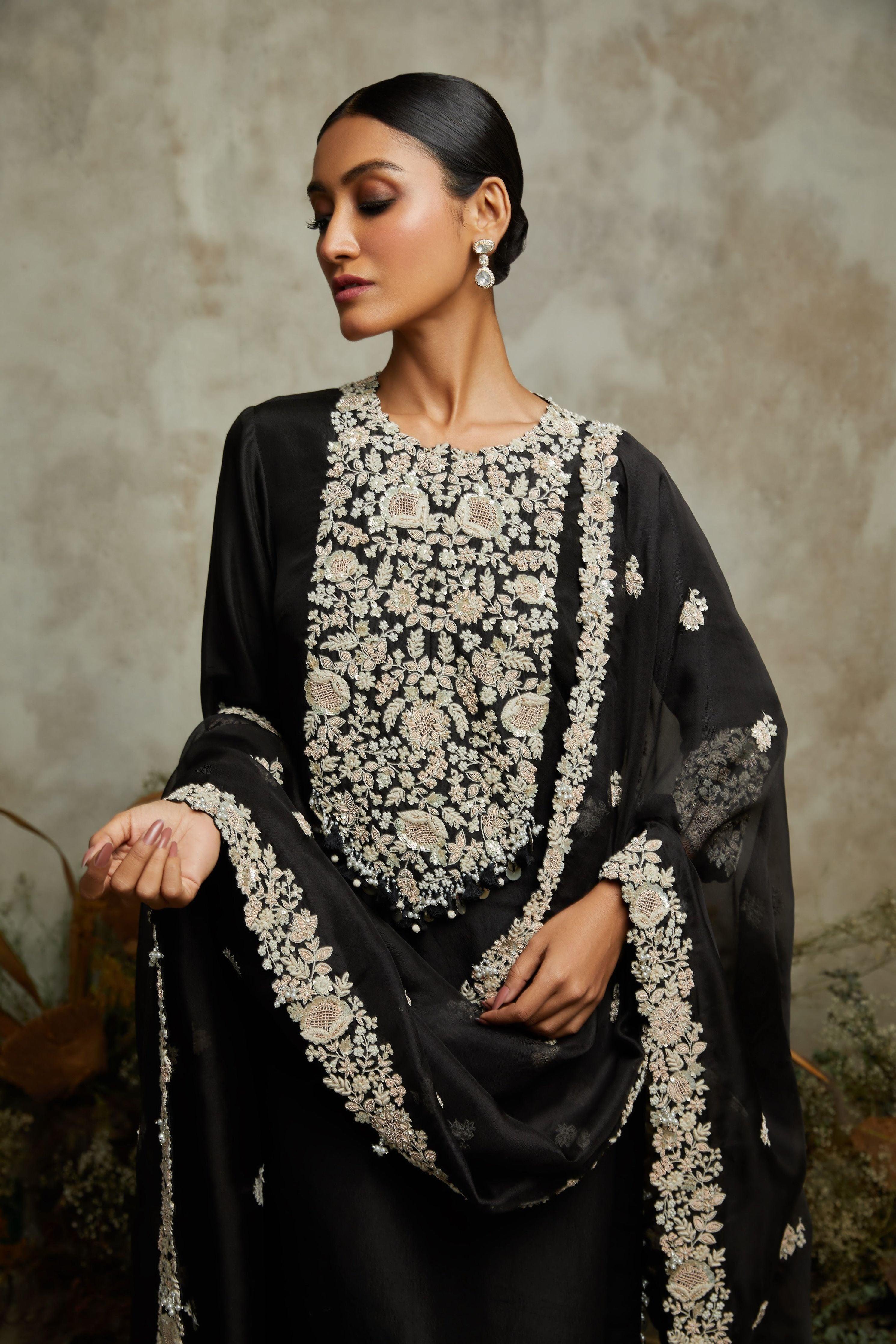 Black Silk Kurta With Organza Dupatta And Cotton Satin Pants - Mokshaa