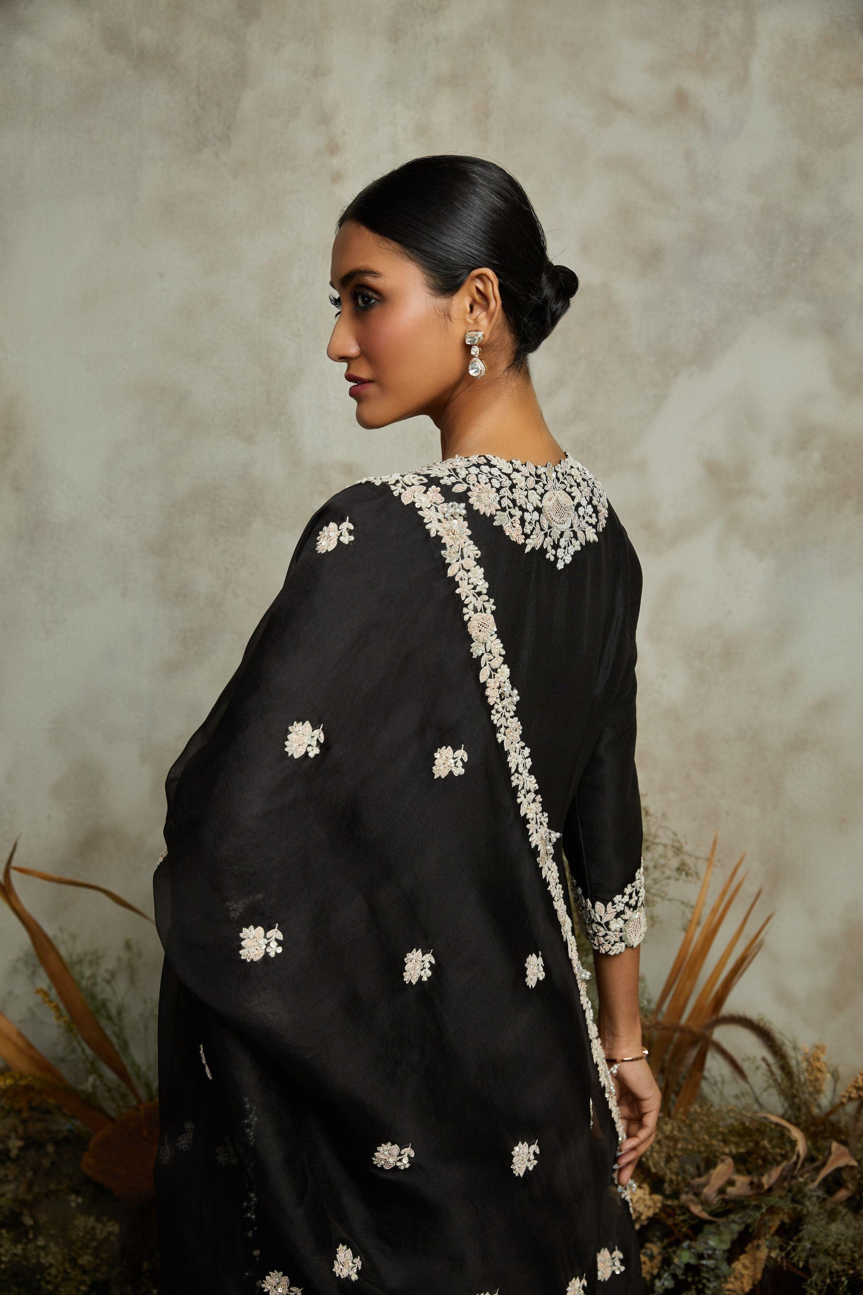 Black Silk Kurta With Organza Dupatta And Cotton Satin Pants - Mokshaa