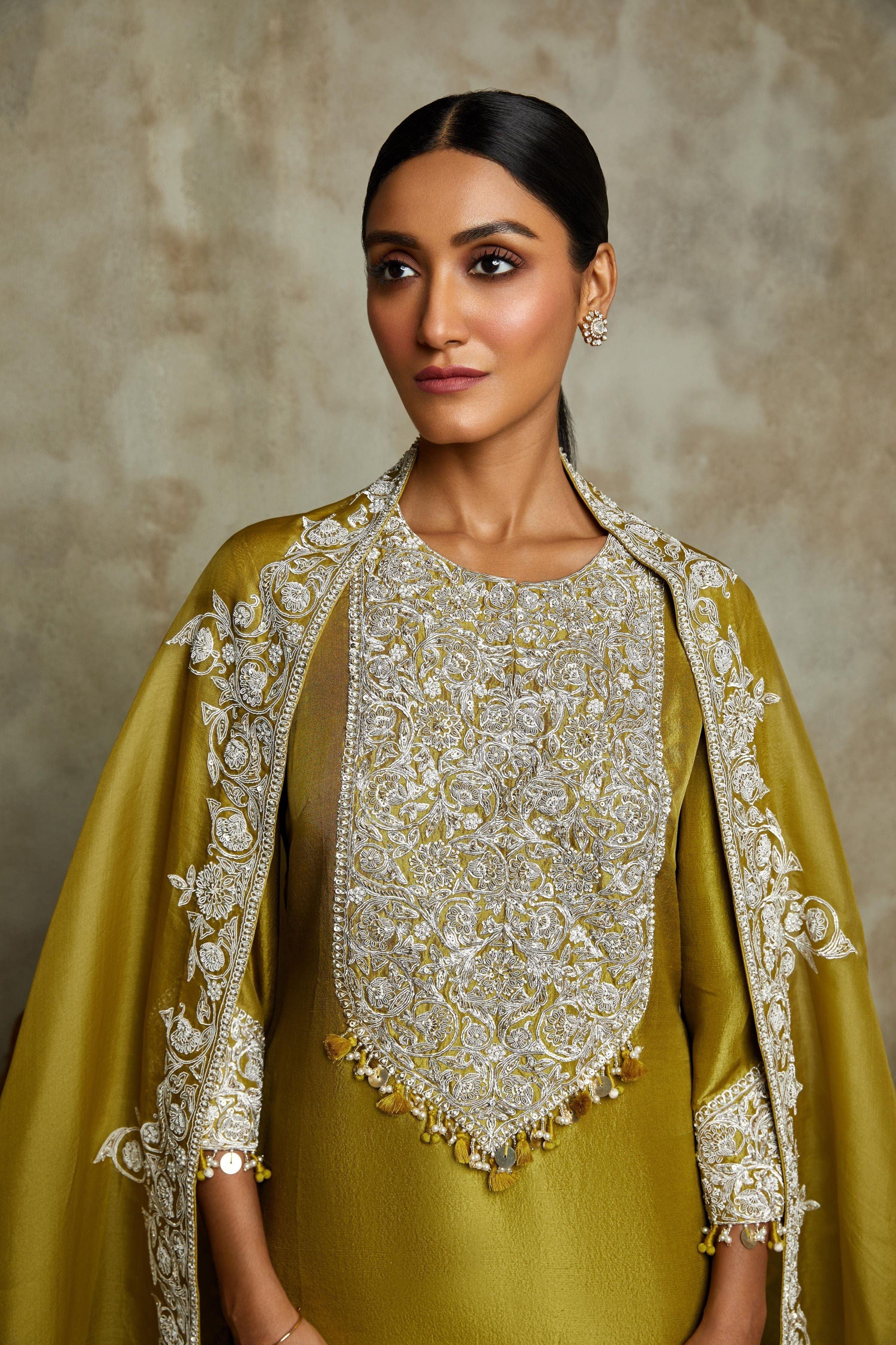 Olive Green Silk Kurta With Organza Dupatta And Cotton Satin Pants - Mokshaa