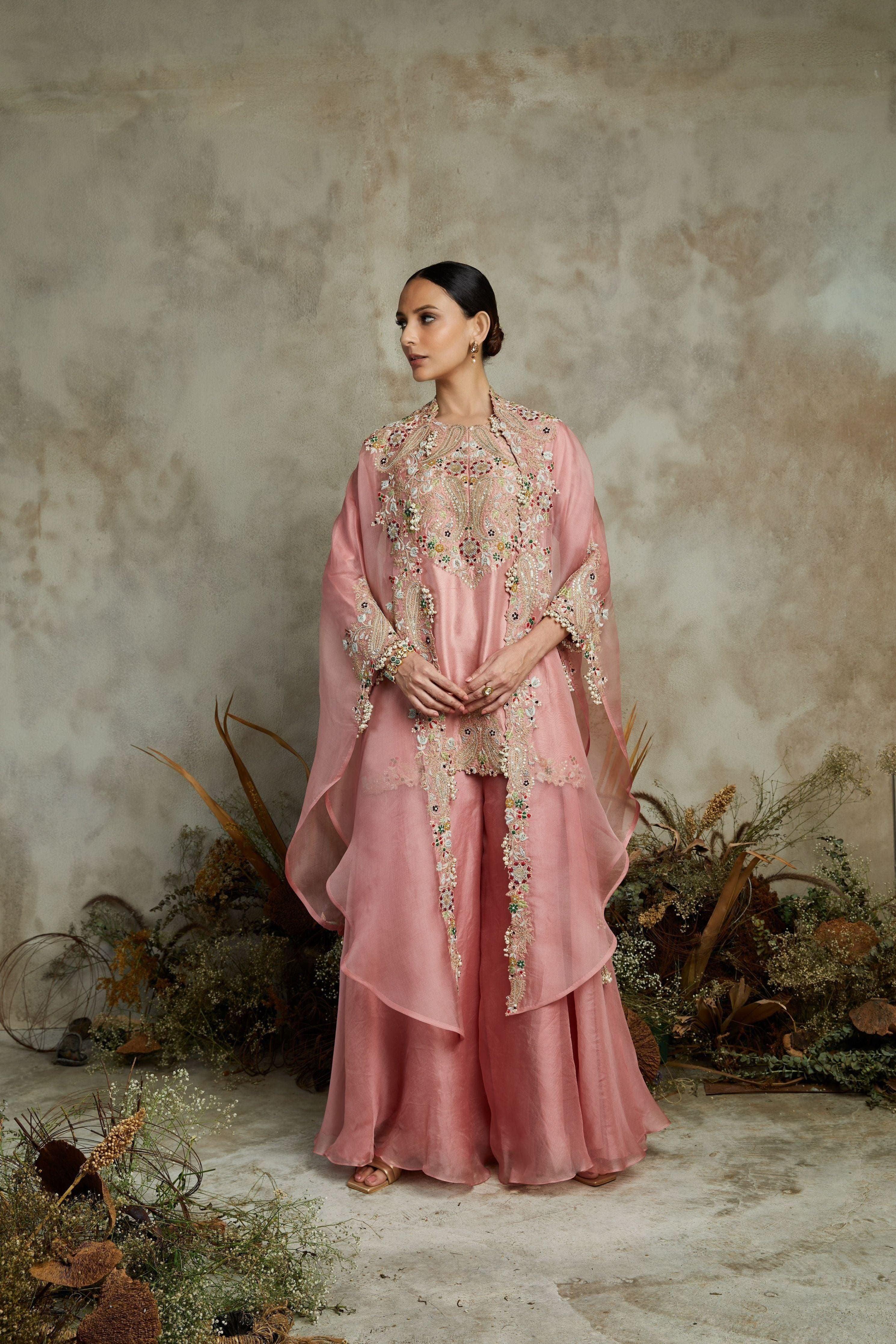 Pink Silk Kurta With Organza Cape And Sharara - Mokshaa