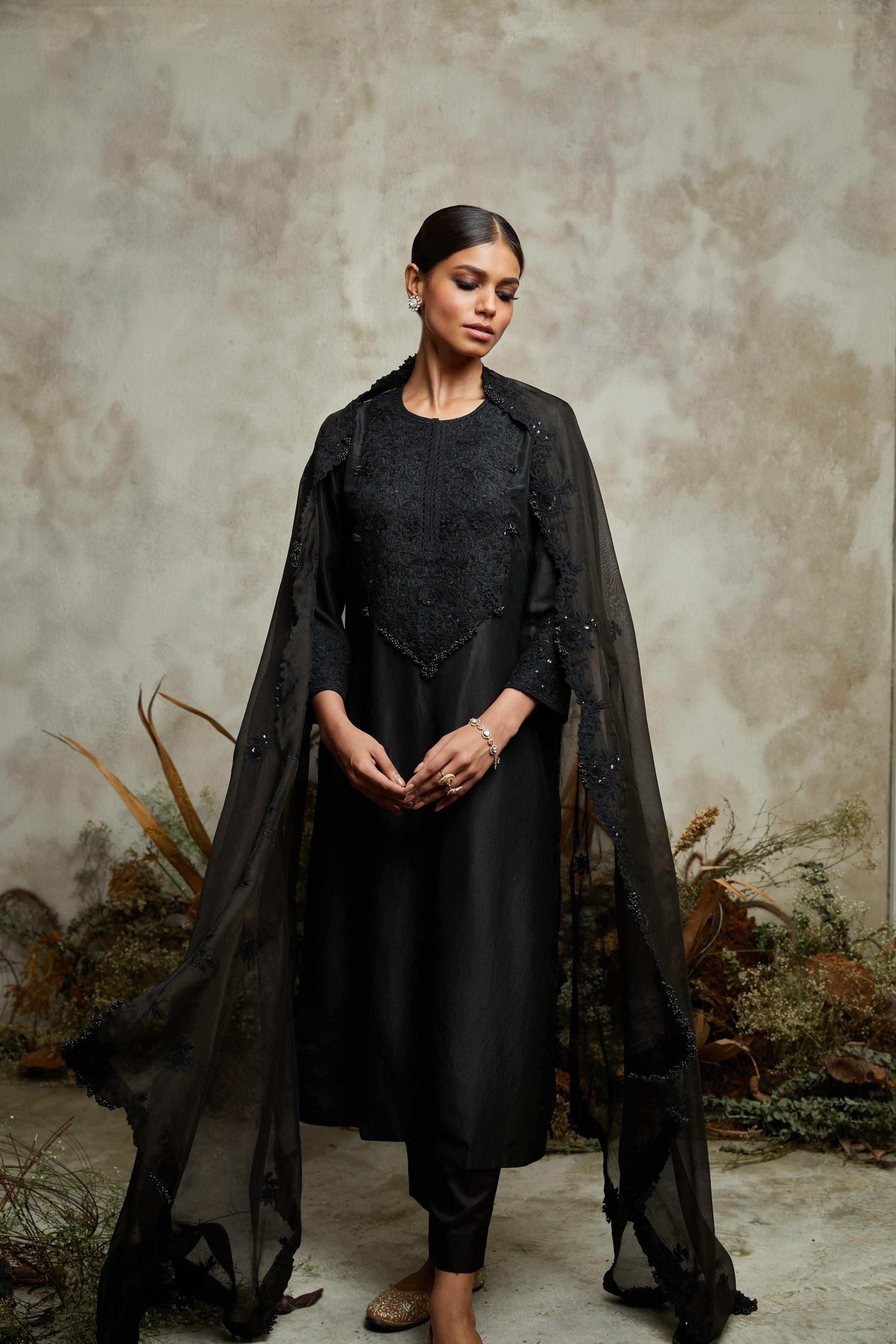Black Silk Kurta With Organza Dupatta And Cotton Satin Pants - Mokshaa