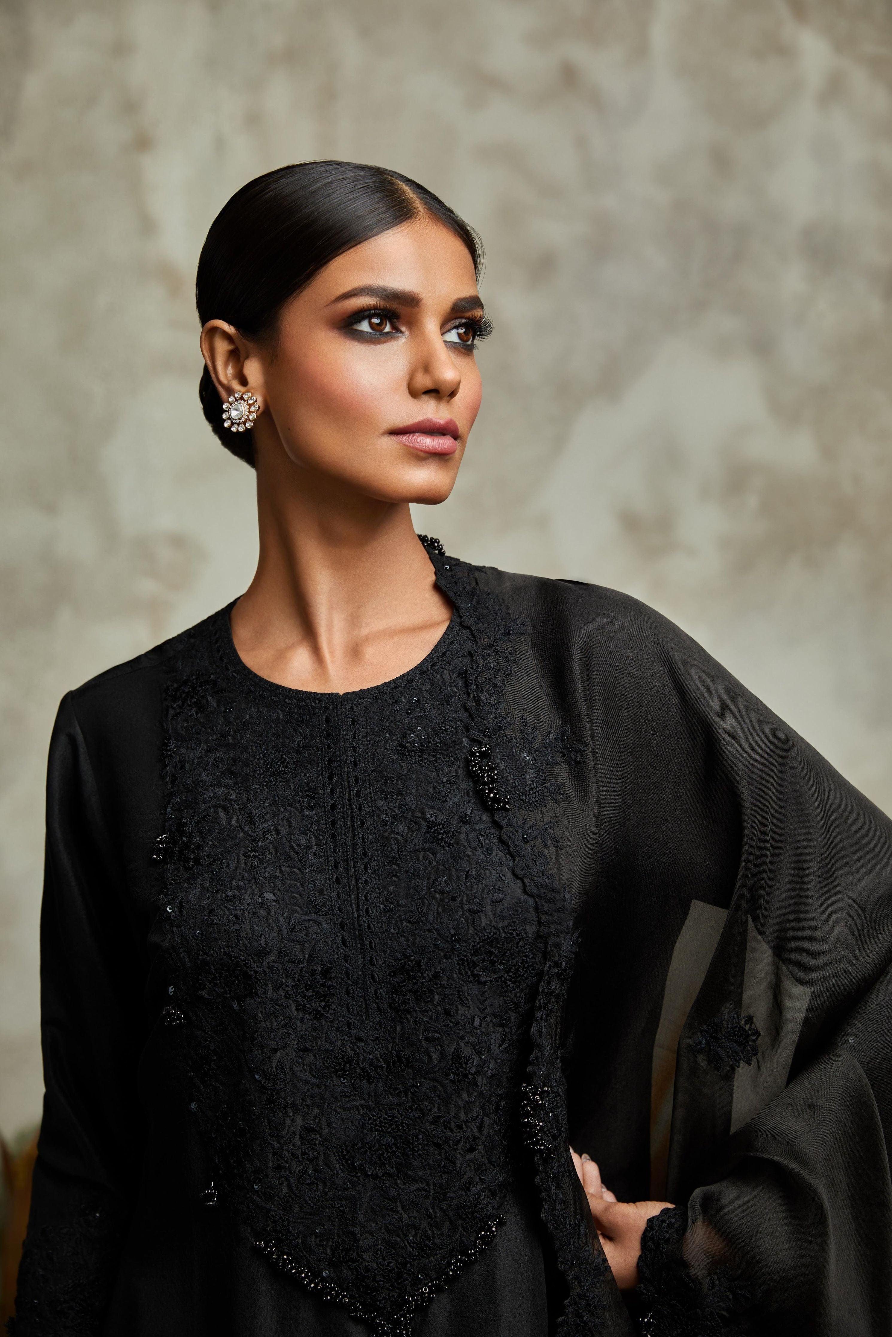 Black Silk Kurta With Organza Dupatta And Cotton Satin Pants - Mokshaa