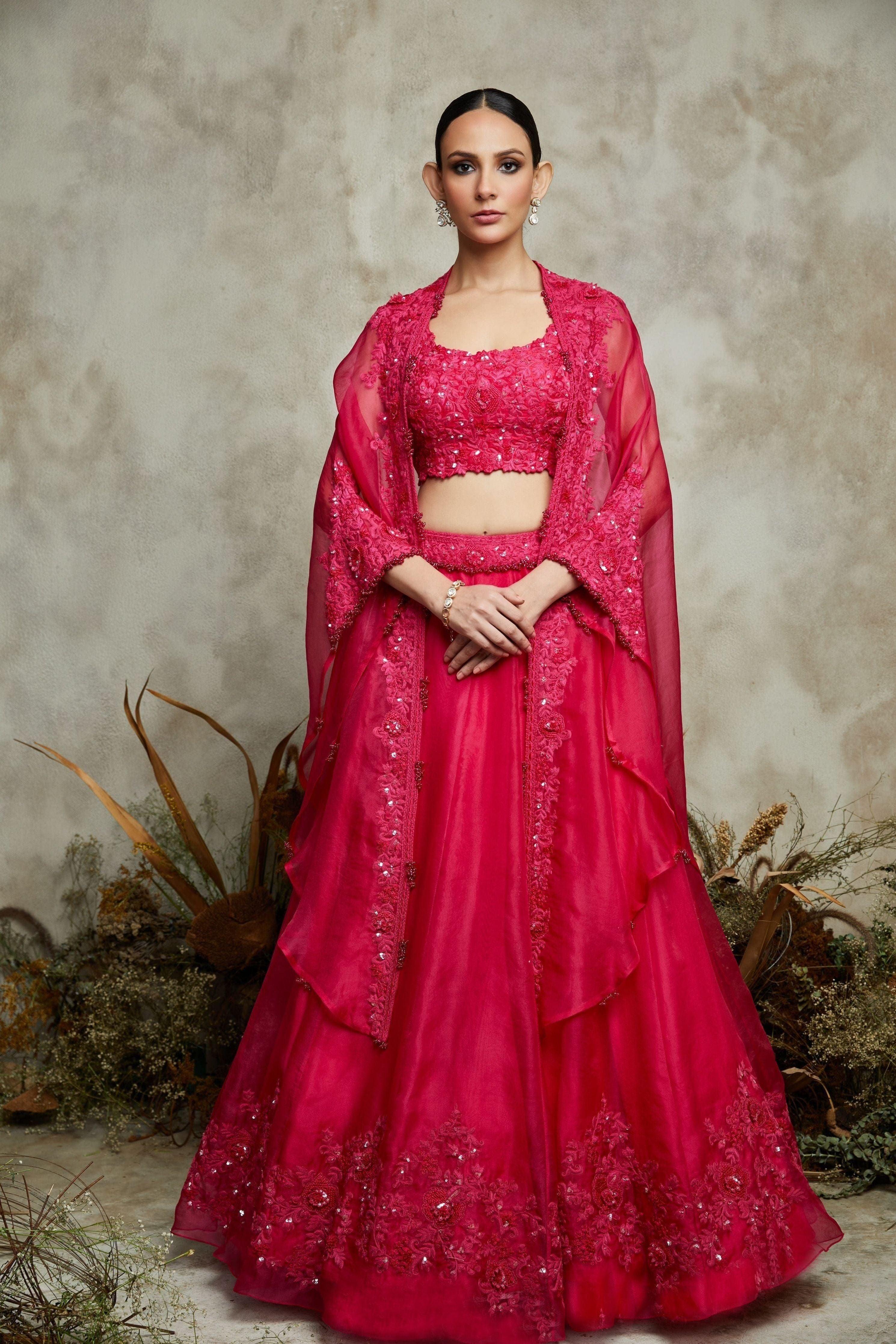 Fuscia Silk Blouse With Organza Cape And Lehenga - Mokshaa
