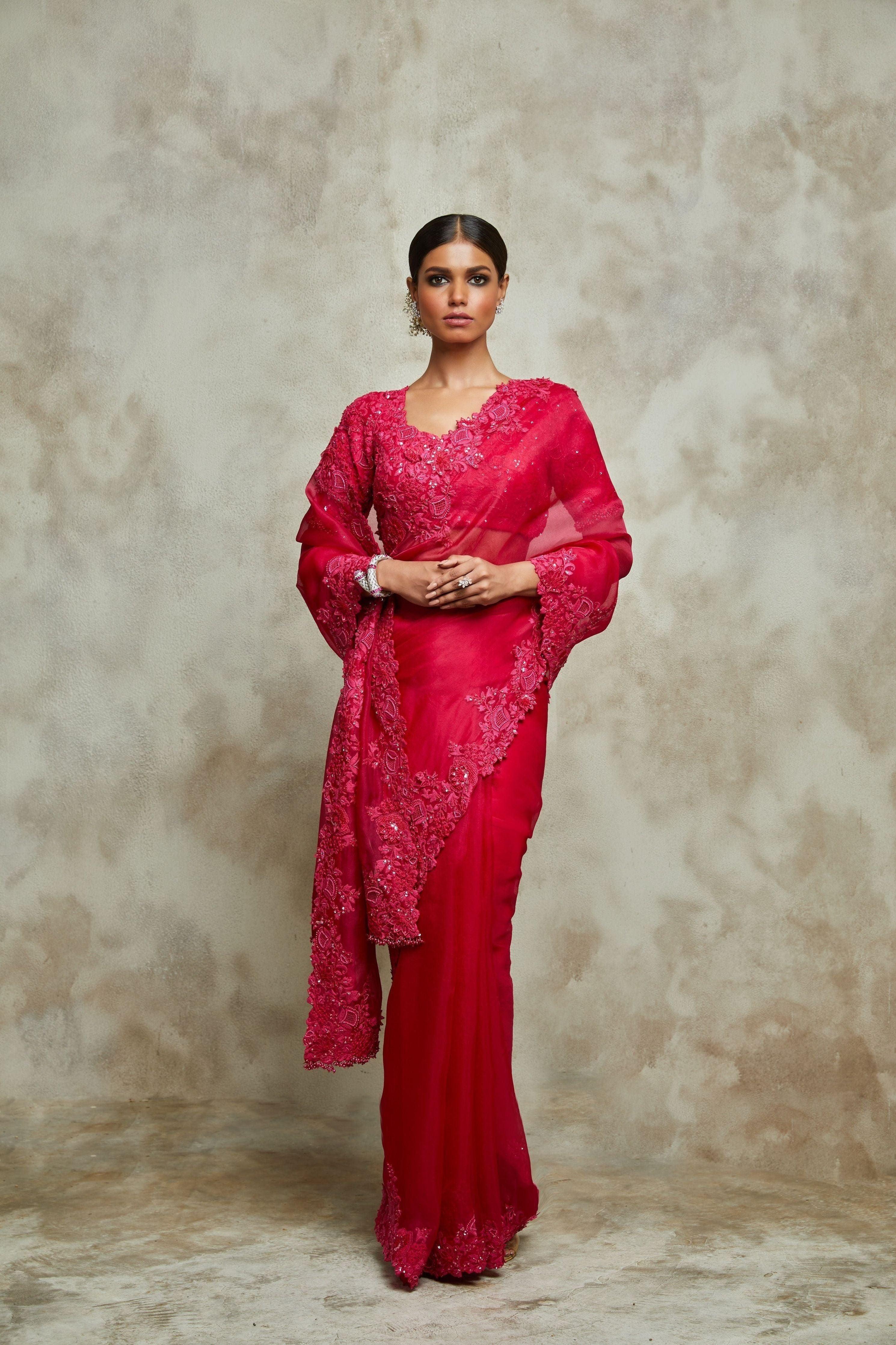 Fuscia Pink Organza Saree With Silk Blouse - Mokshaa