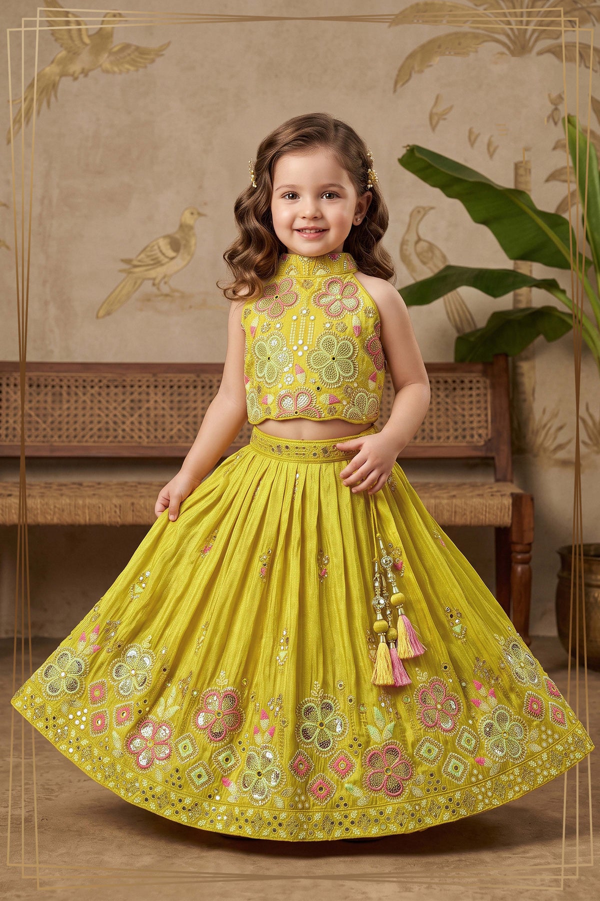 Lime Yellow Shimmer Floral Lehenga Set - Mokshaa