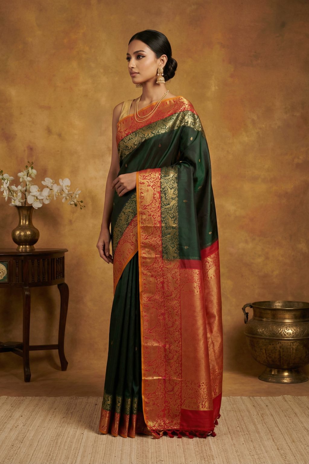 Bottle Green Kanchivaram Silk Saree with Gold Motifs and Elephant Contrast Border