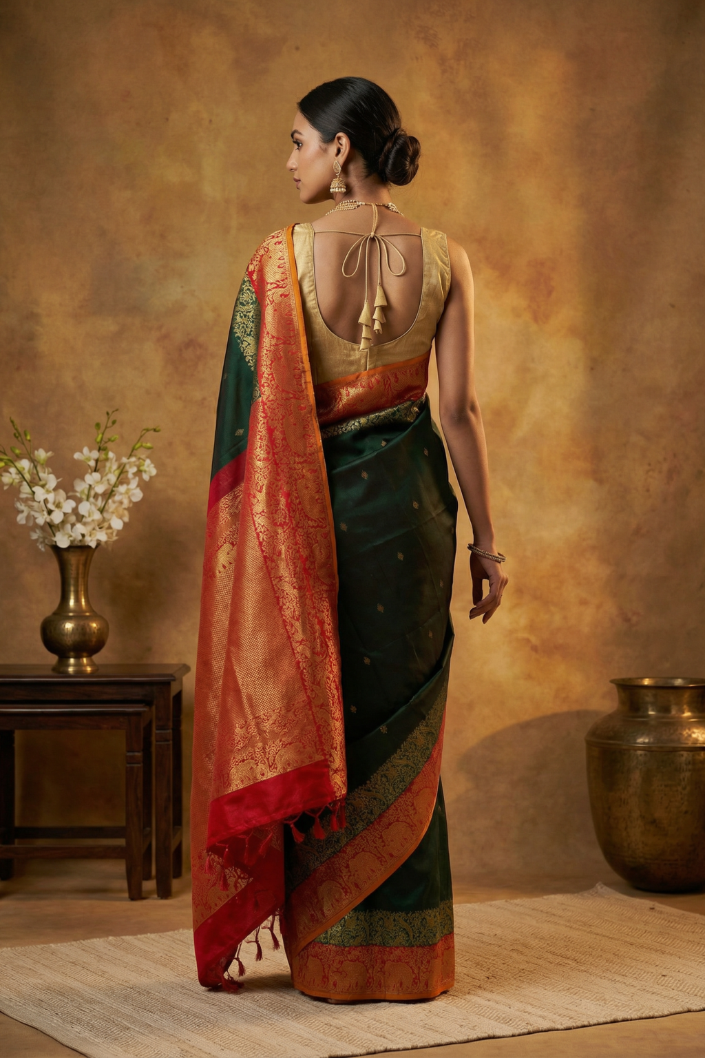 Bottle Green Kanchivaram Silk Saree with Gold Motifs and Elephant Contrast Border