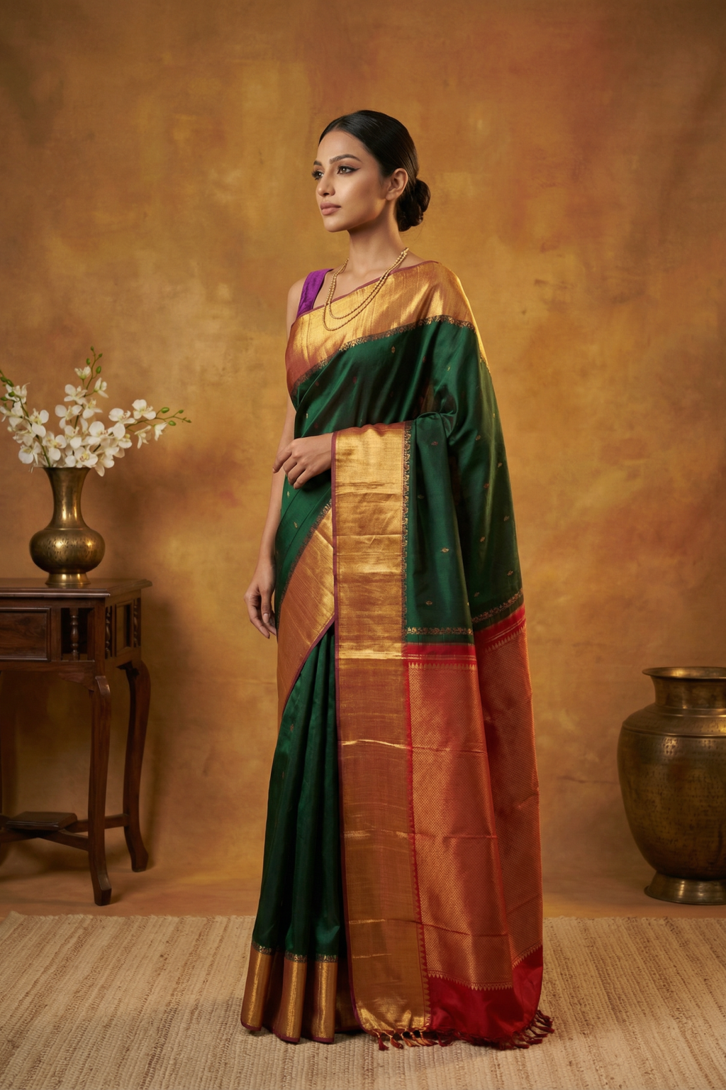 Bottle Green Kanchivaram Silk Saree with Gold Motifs and Contrast Tissue Border