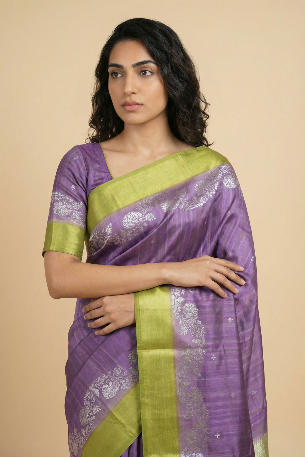 Lavender Banarasi Chanderi Silk Saree with Zari Butti and Contrast Border