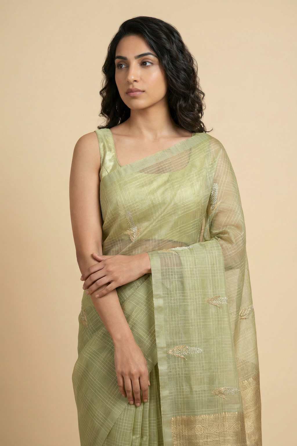Pista Green Kora Silk Saree with Checks and Woven Motifs