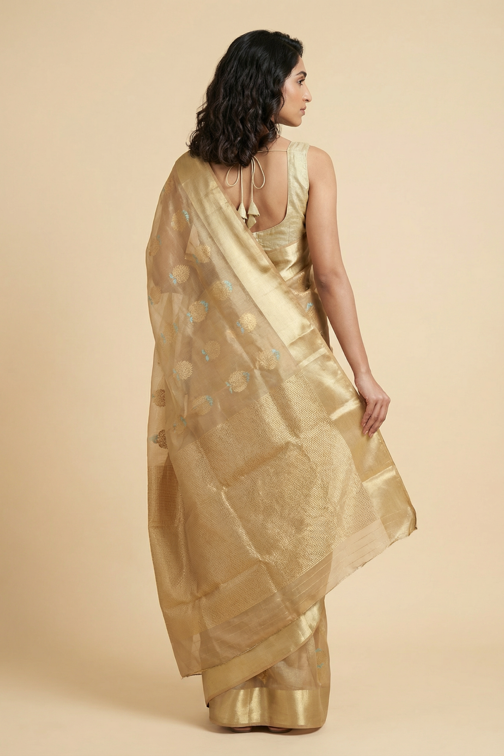 Golden Banarasi Tissue Silk Saree with Zari Motifs and Thread Weaving