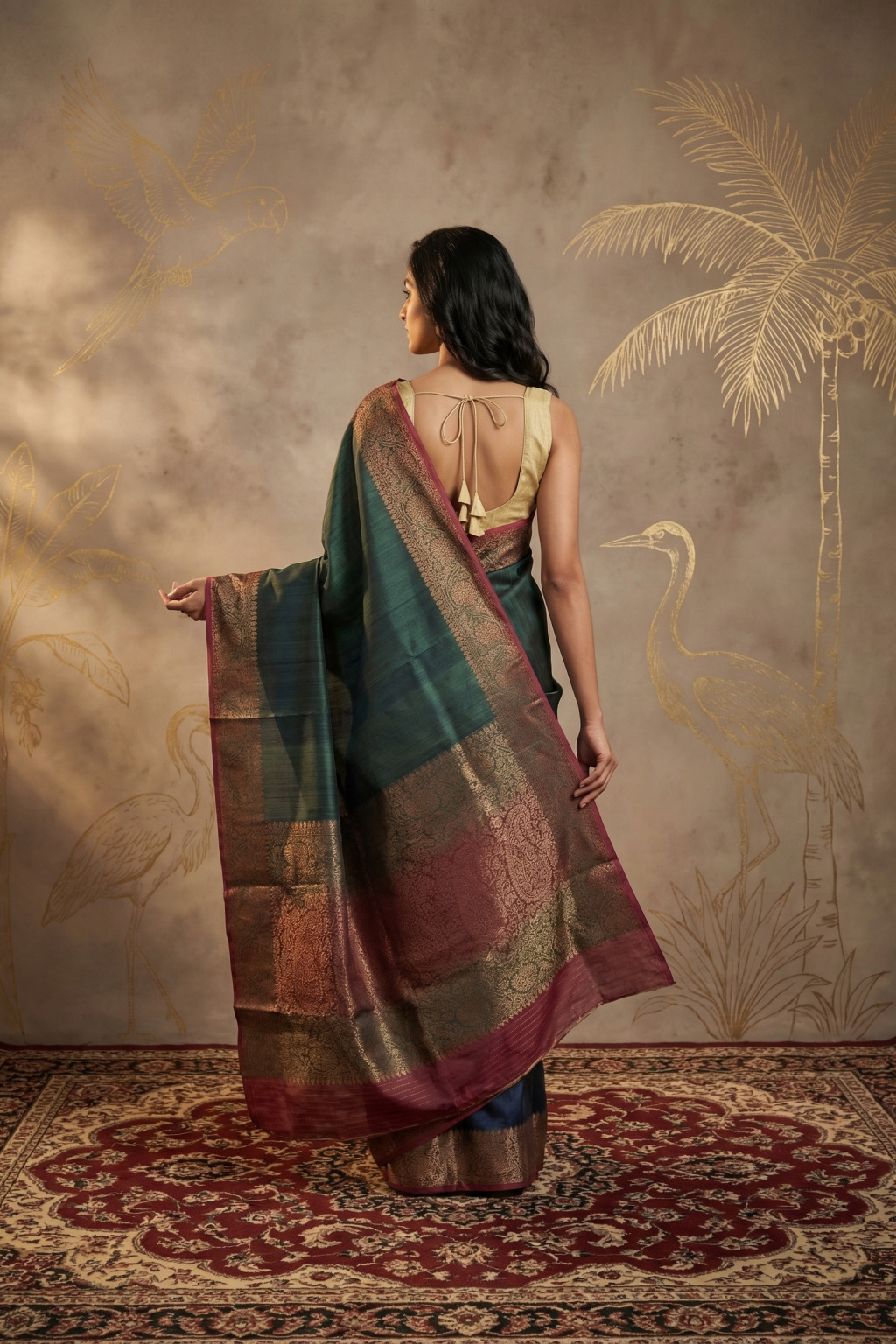 Dual Tone Green Pink Tussar Silk Saree with Zari Border