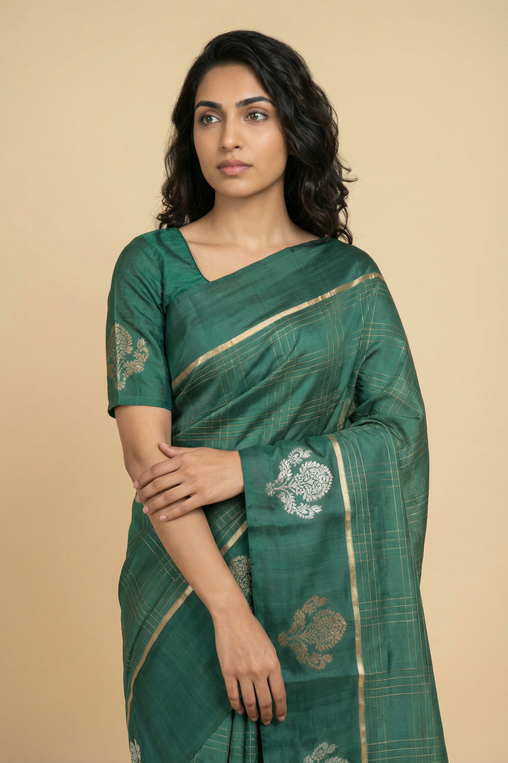 Green Banarasi Chanderi Silk Saree with Zari Checks and Butta Border