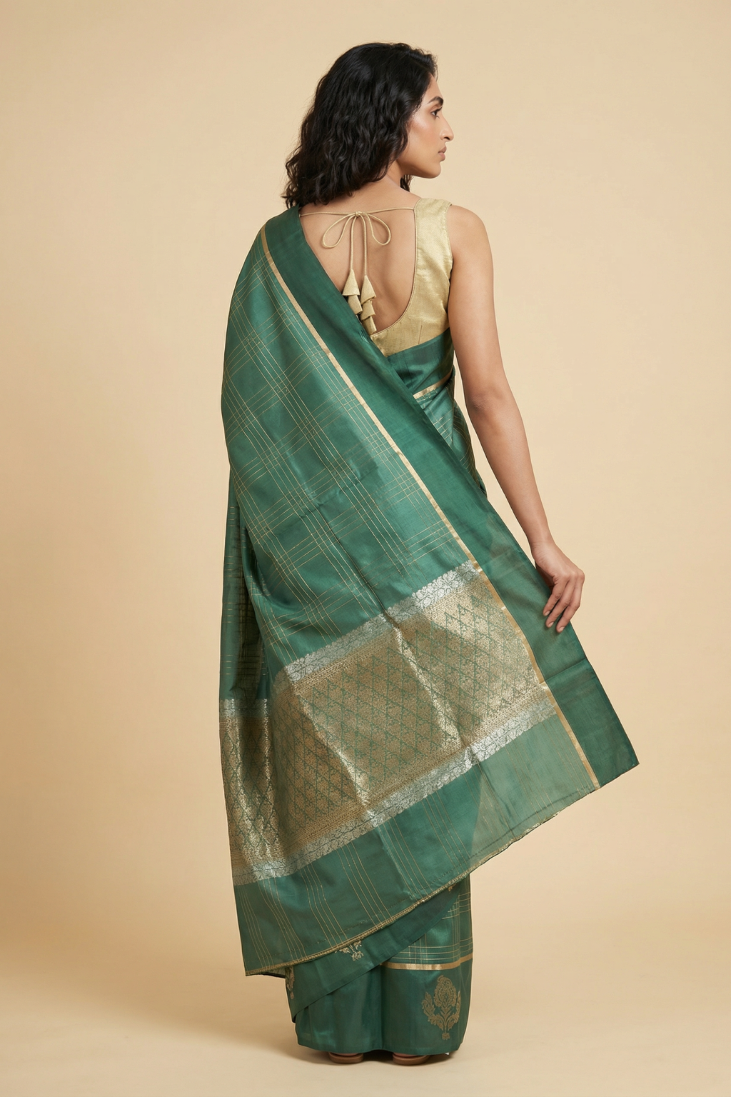 Green Banarasi Chanderi Silk Saree with Zari Checks and Butta Border