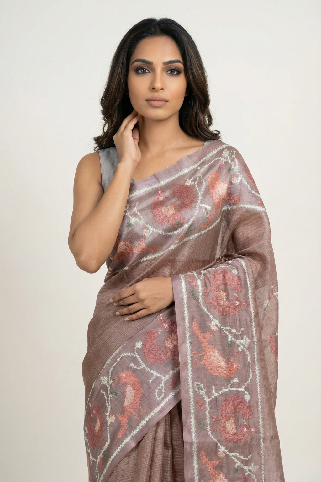 Dusty Pink Tussar Silk Saree