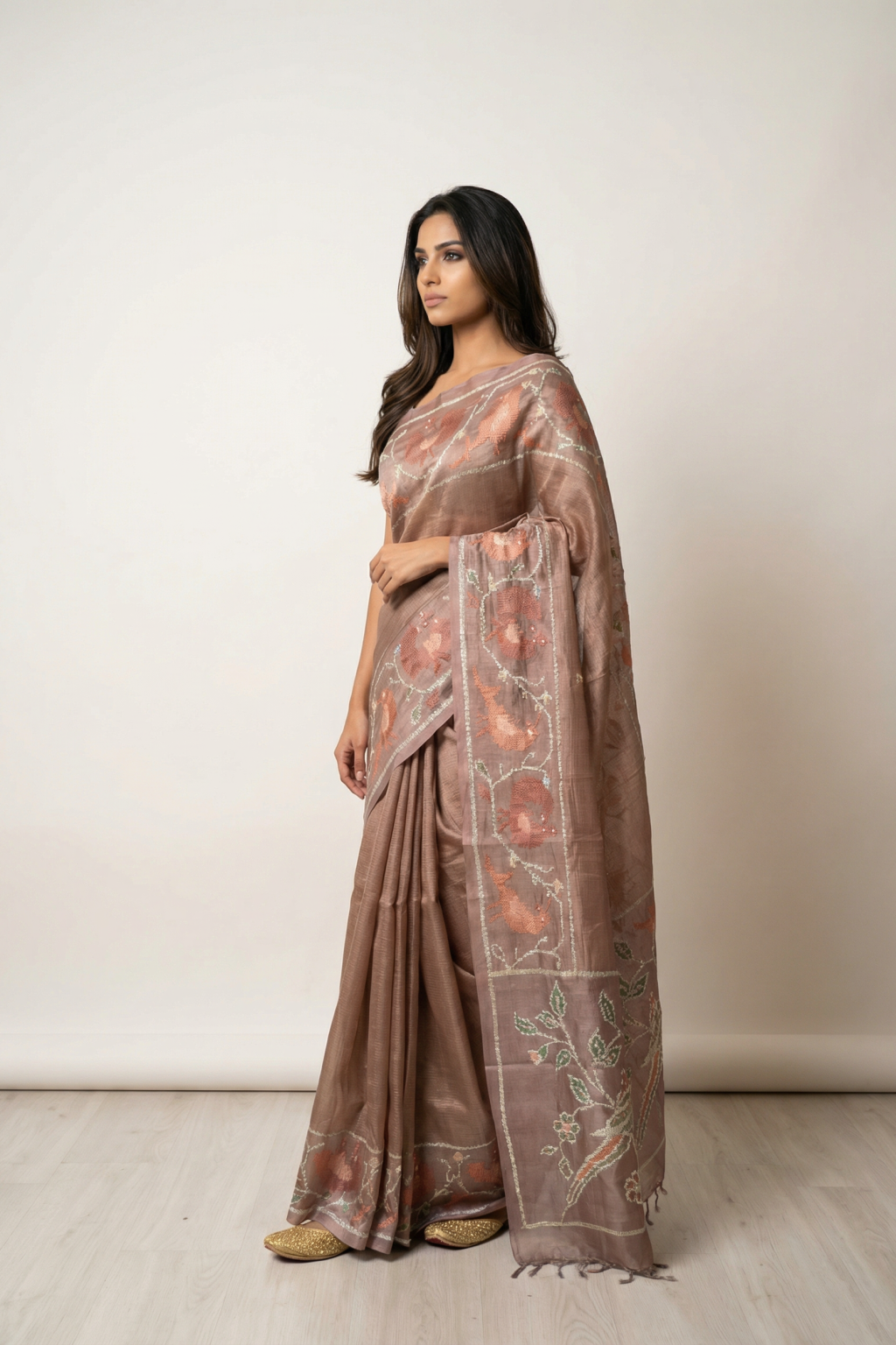 Dusty Pink Tussar Silk Saree