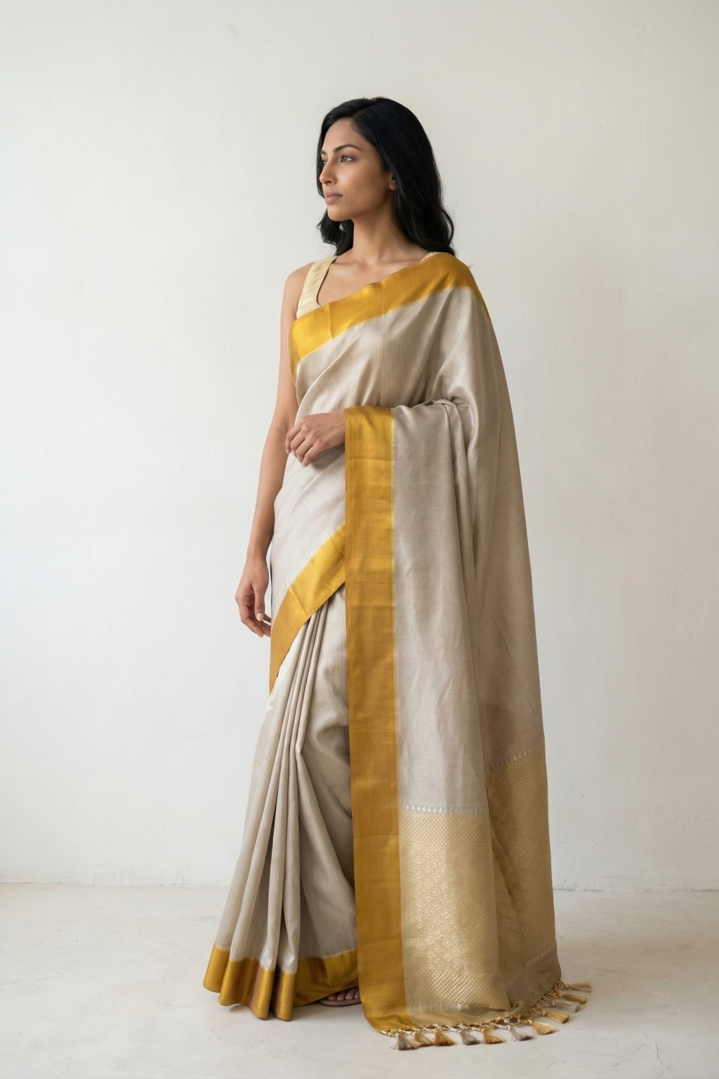 Ash Tussar Georgette Banarasi Silk Saree with Mustard Satin Border