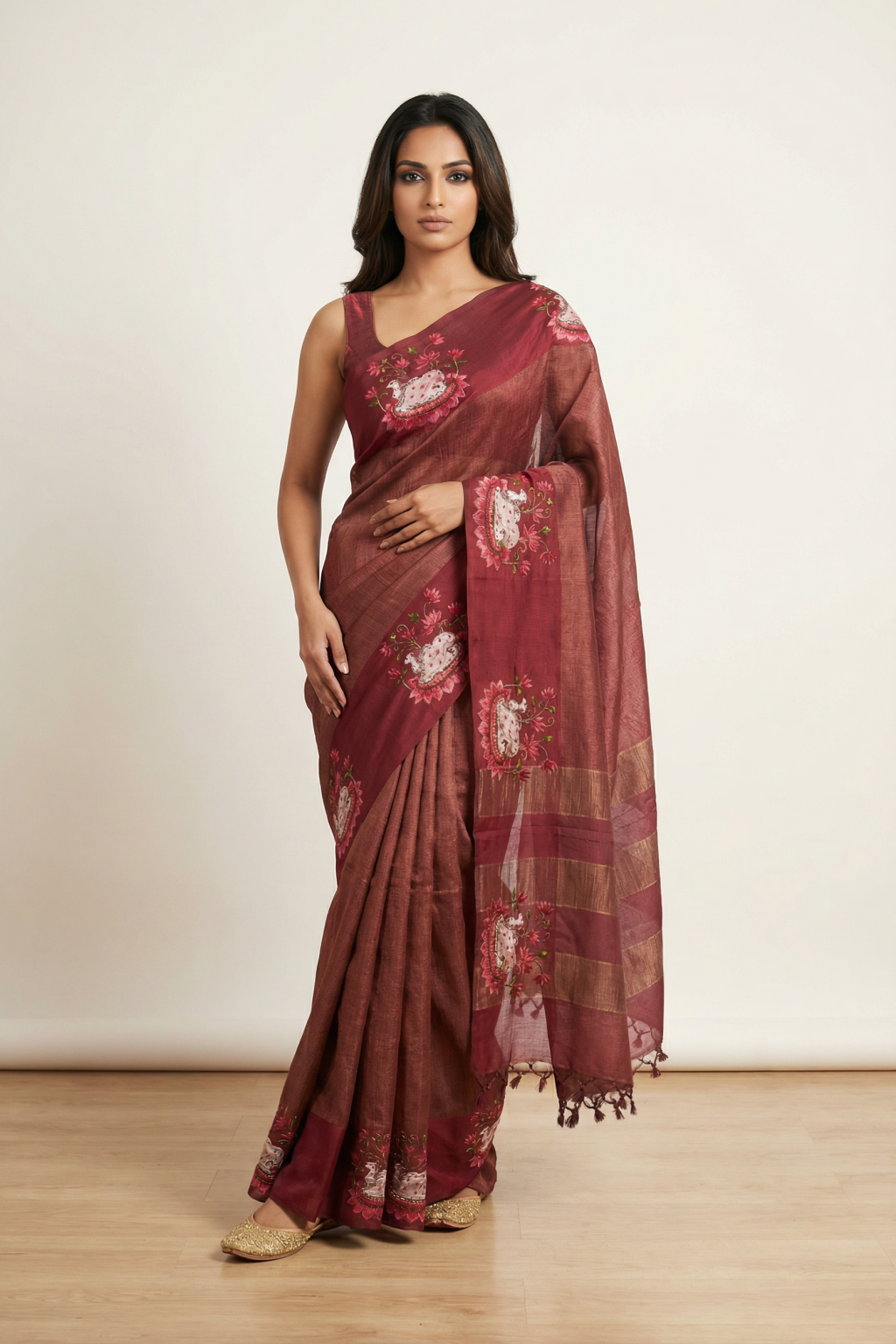 Rust Tussar Silk Saree with Zari Weaving