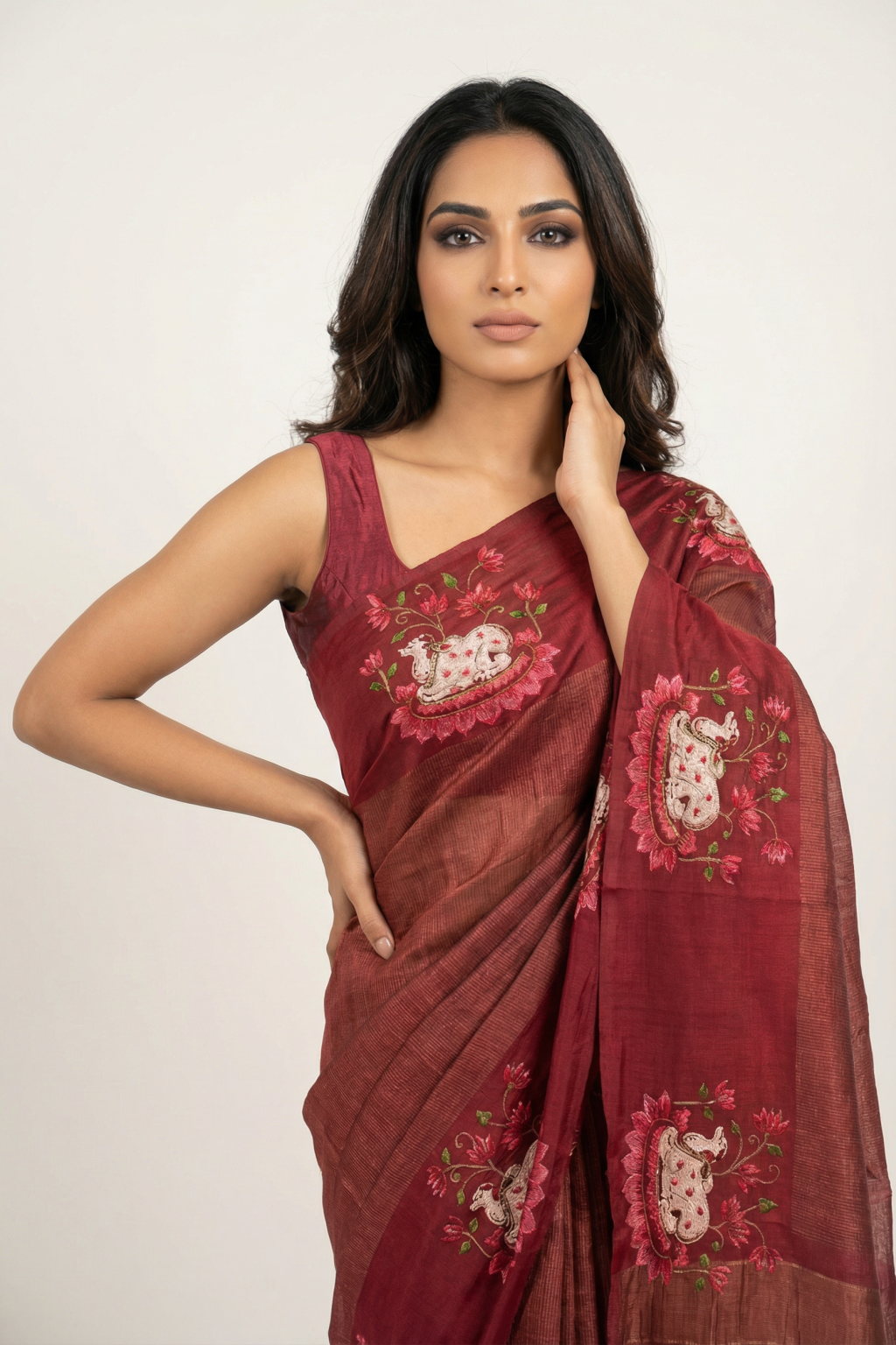 Rust Tussar Silk Saree with Zari Weaving