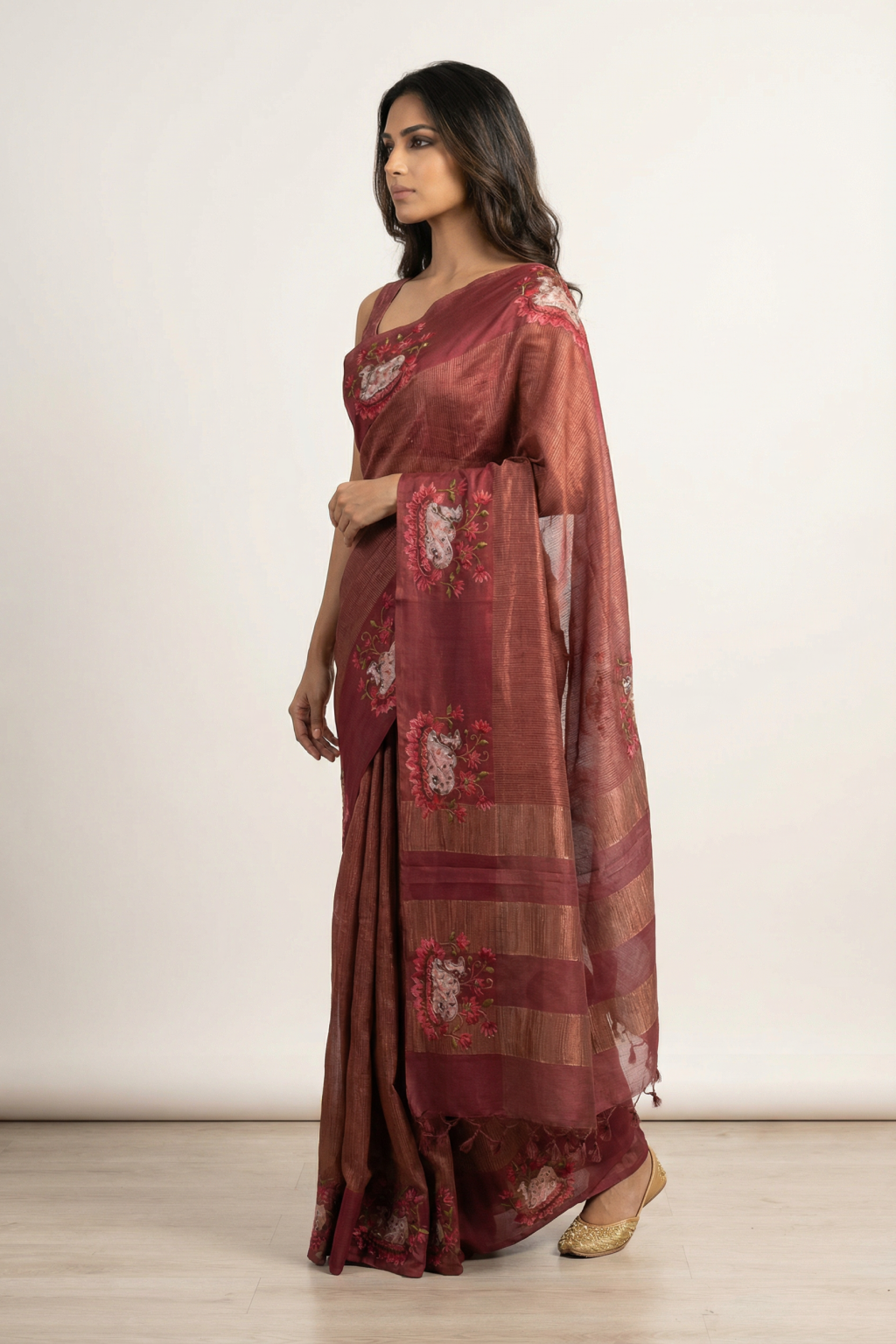 Rust Tussar Silk Saree with Zari Weaving