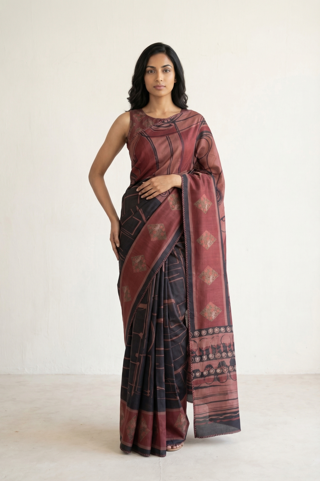 Multicolor Tussar Saree with Digital Print & Kantha Embroidery Border