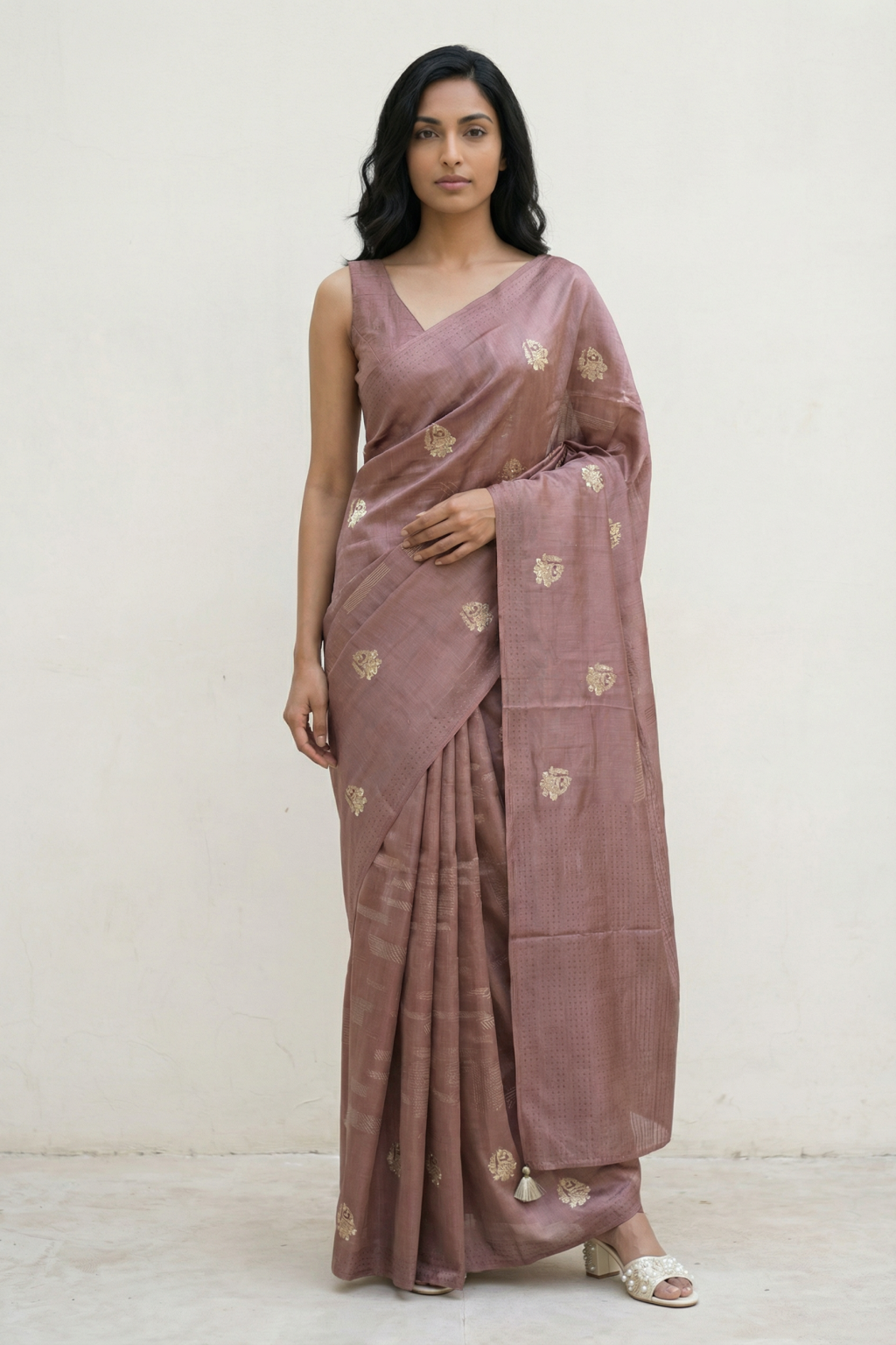 Dusty Peach Tussar Saree with Kantha Embroidery