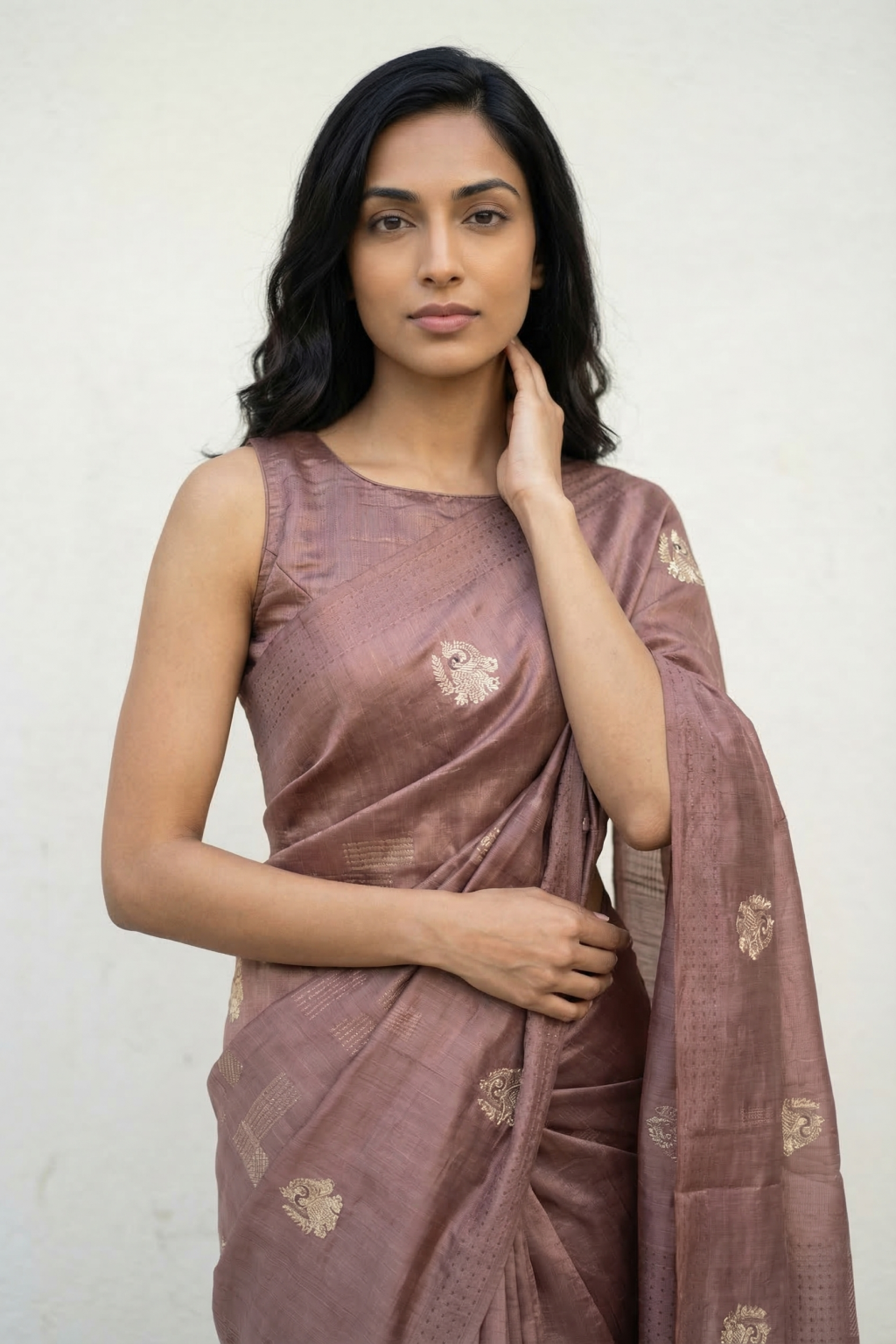 Dusty Peach Tussar Saree with Kantha Embroidery