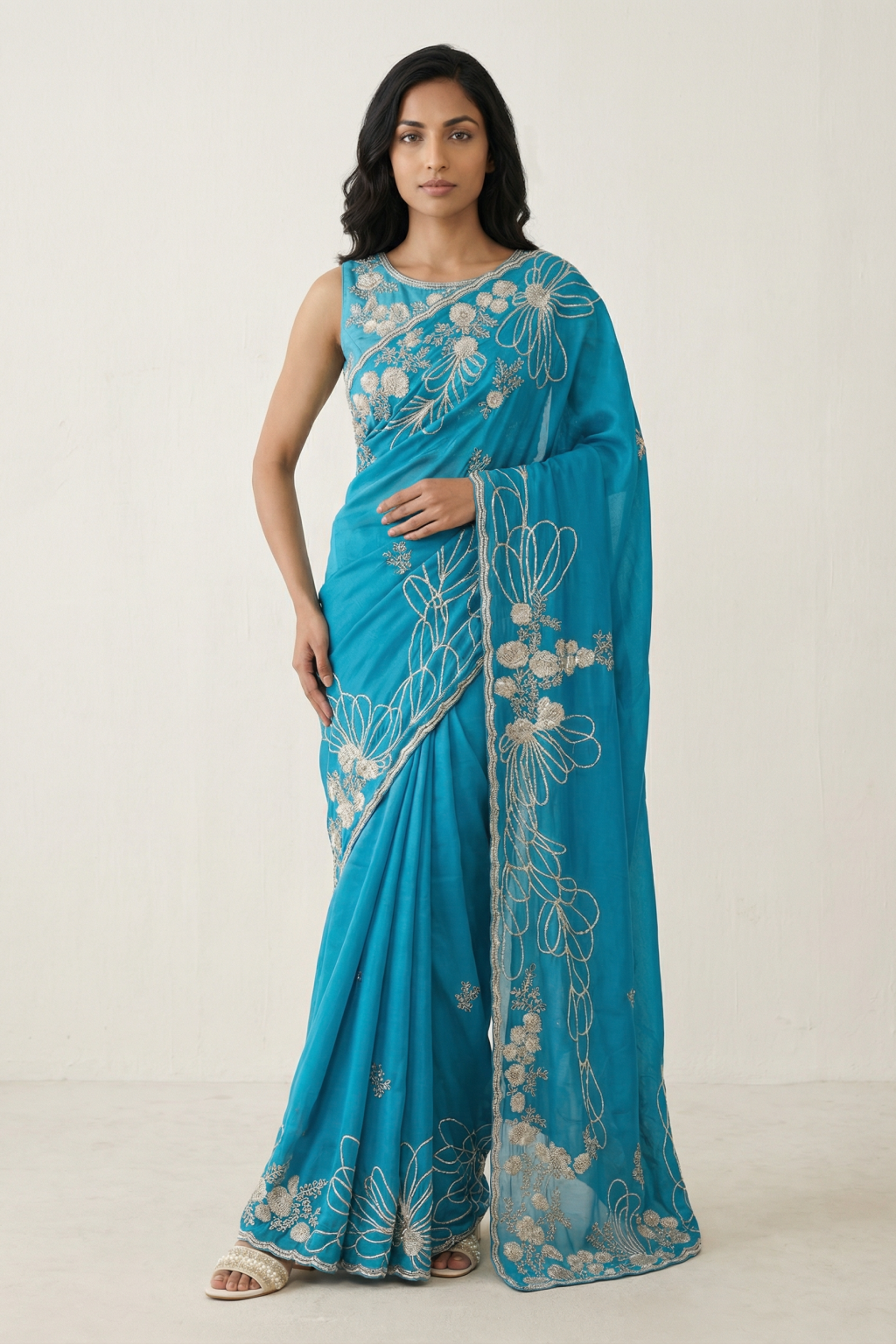 Turquoise Blue Silk Georgette Saree with Sequin & Bead Embroidery and Designer Blouse