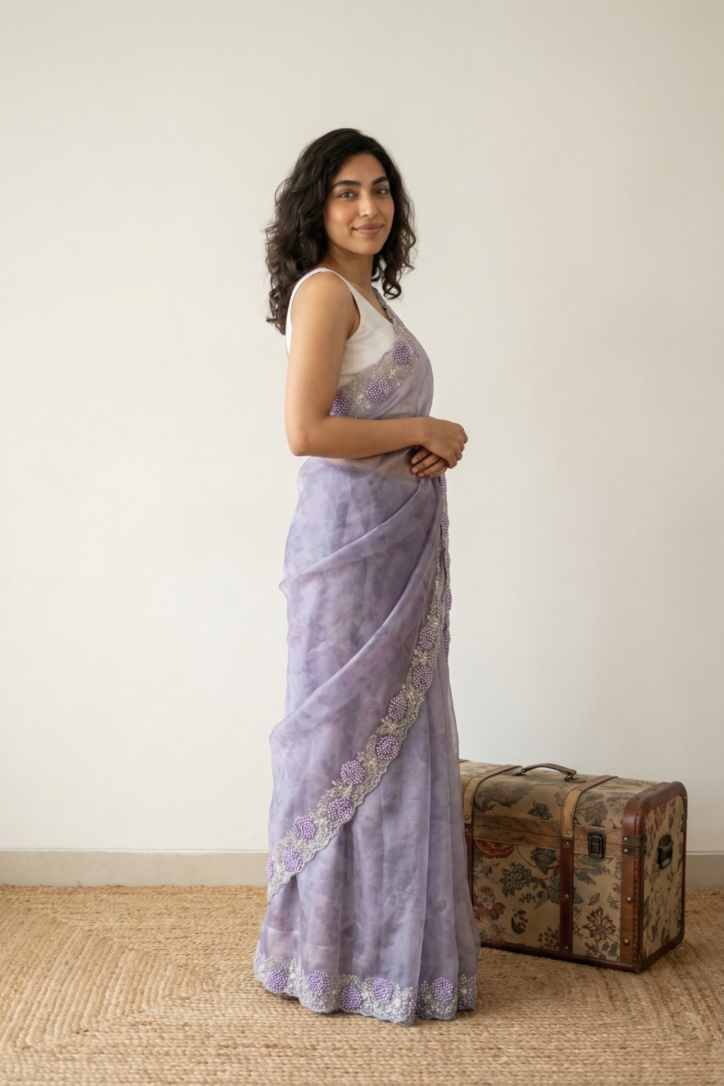 Violet Blue Organza Tissue Saree with Self Print and Pearl Bead Work Border