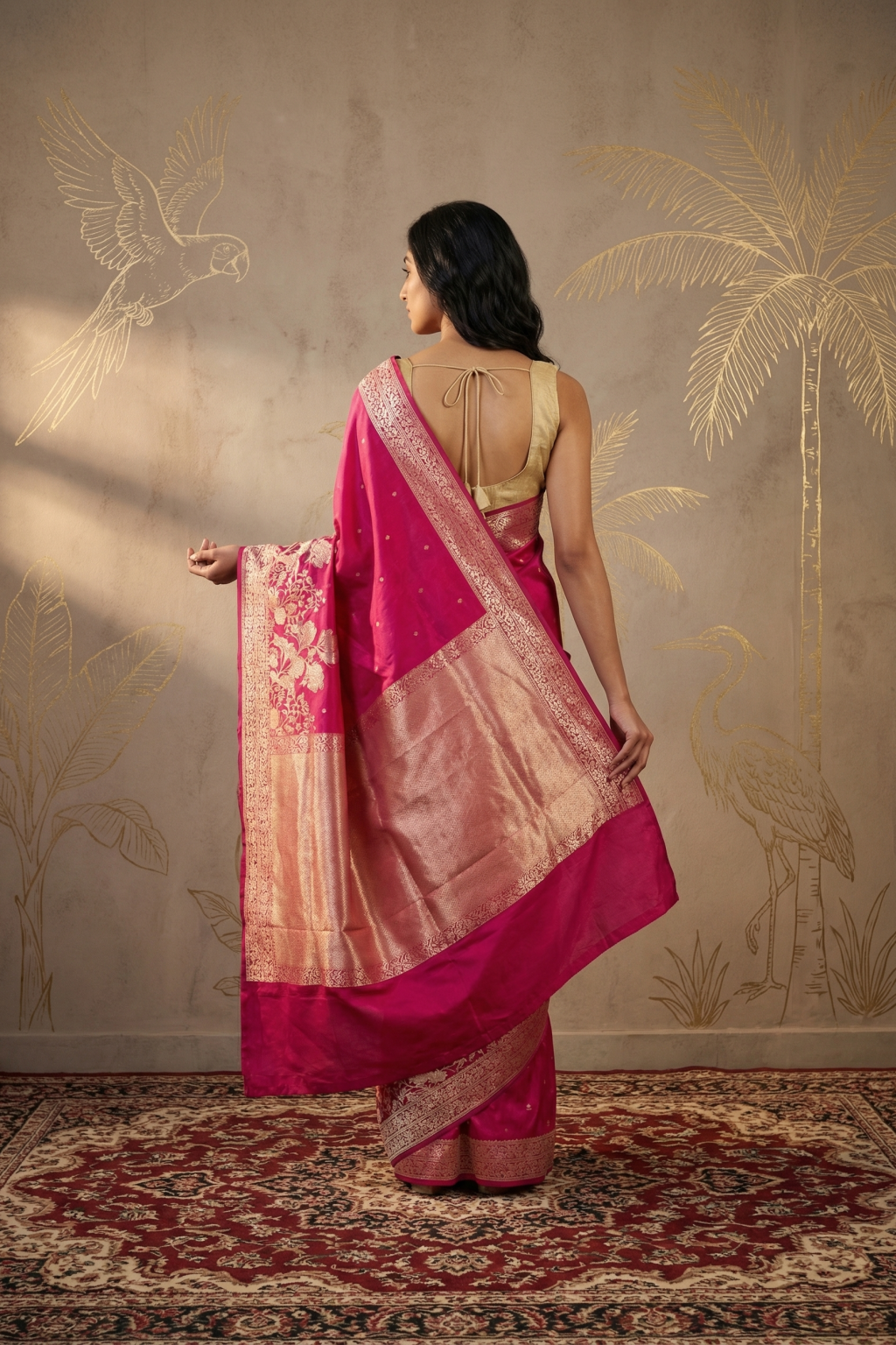 Rani Pink Banarasi Satin Silk Saree with Zari Motifs and Ornate Border