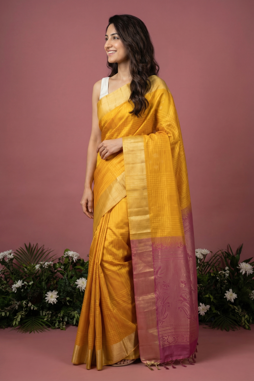 Yellow Soft Silk Saree with Self Checks & Contrast Zari Pallu