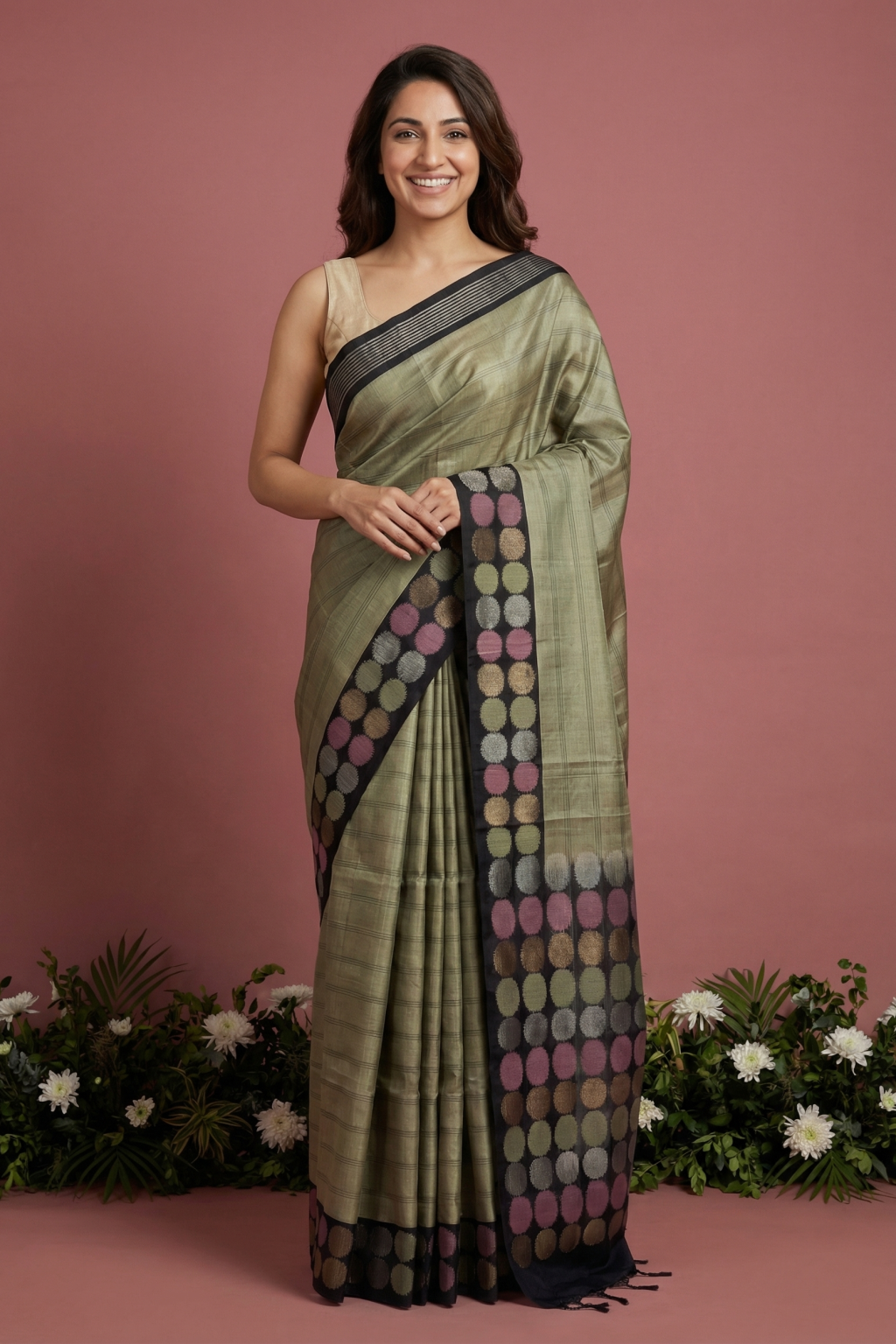 Pista Green Soft Silk Saree with Stripes & Contrast Butta Border