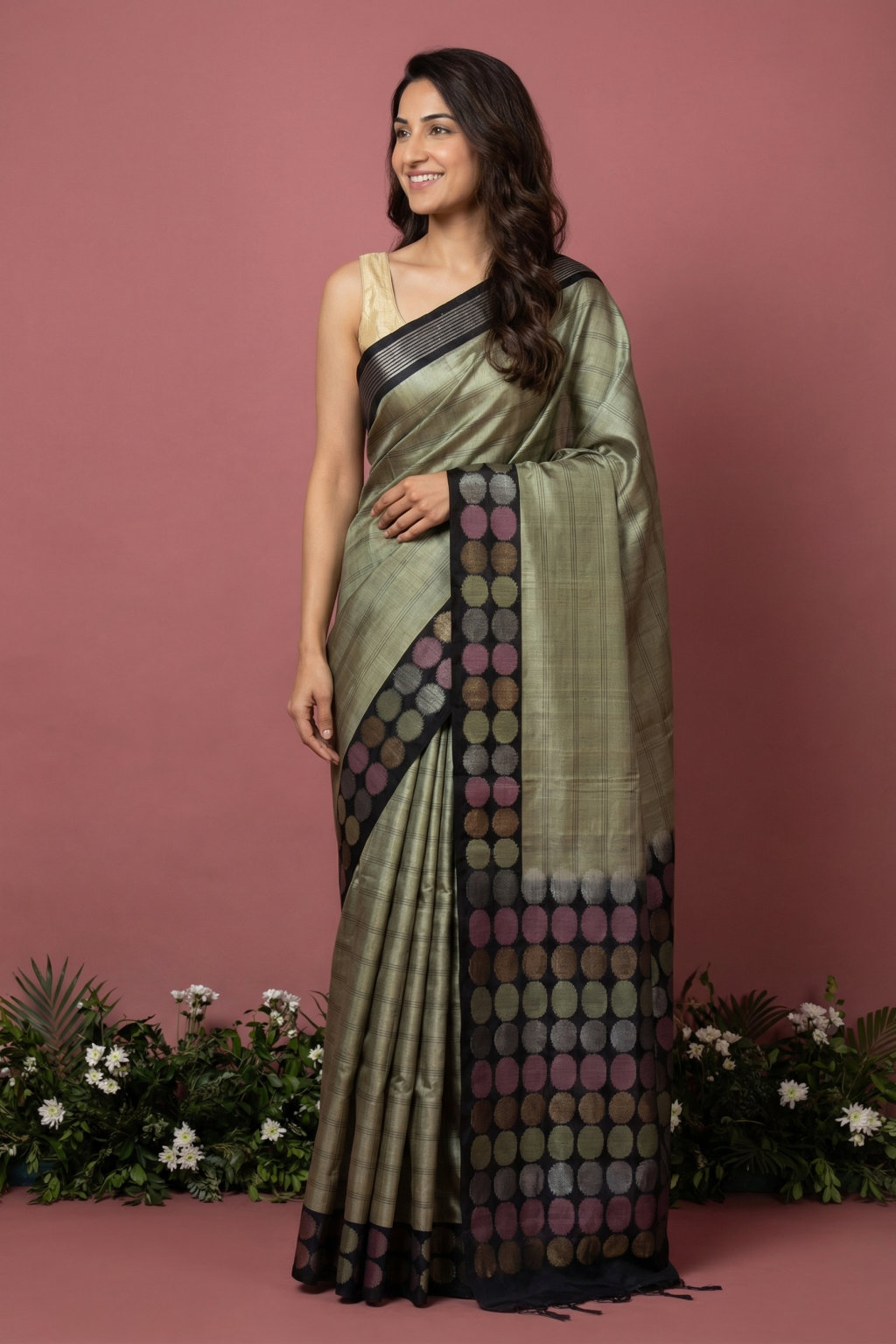 Pista Green Soft Silk Saree with Stripes & Contrast Butta Border