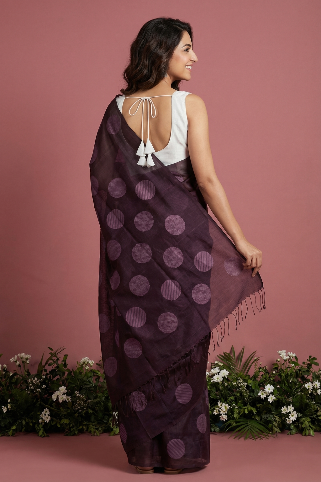 Brown Soft Silk Saree with Round Fancy Butta