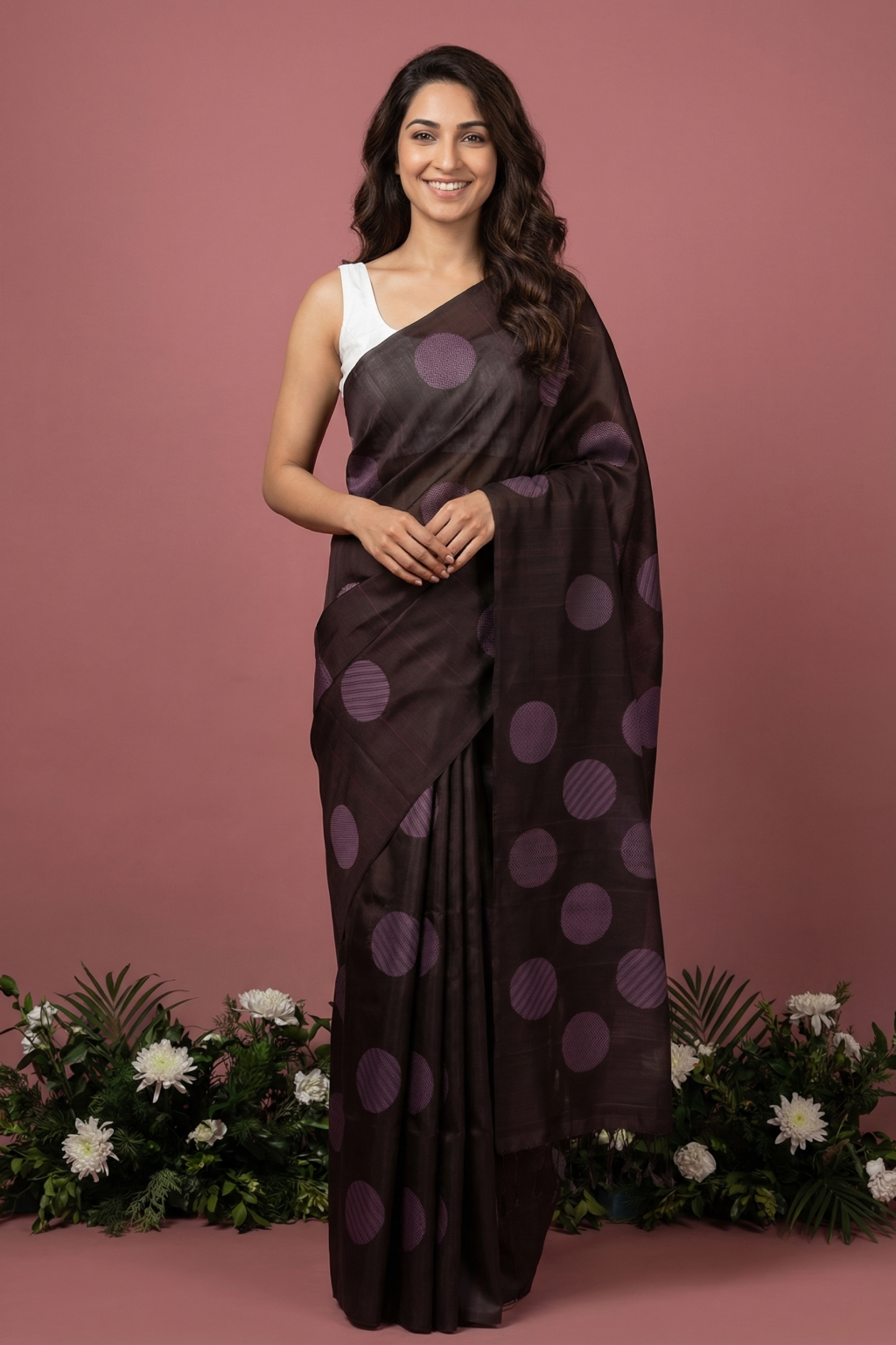 Brown Soft Silk Saree with Round Fancy Butta