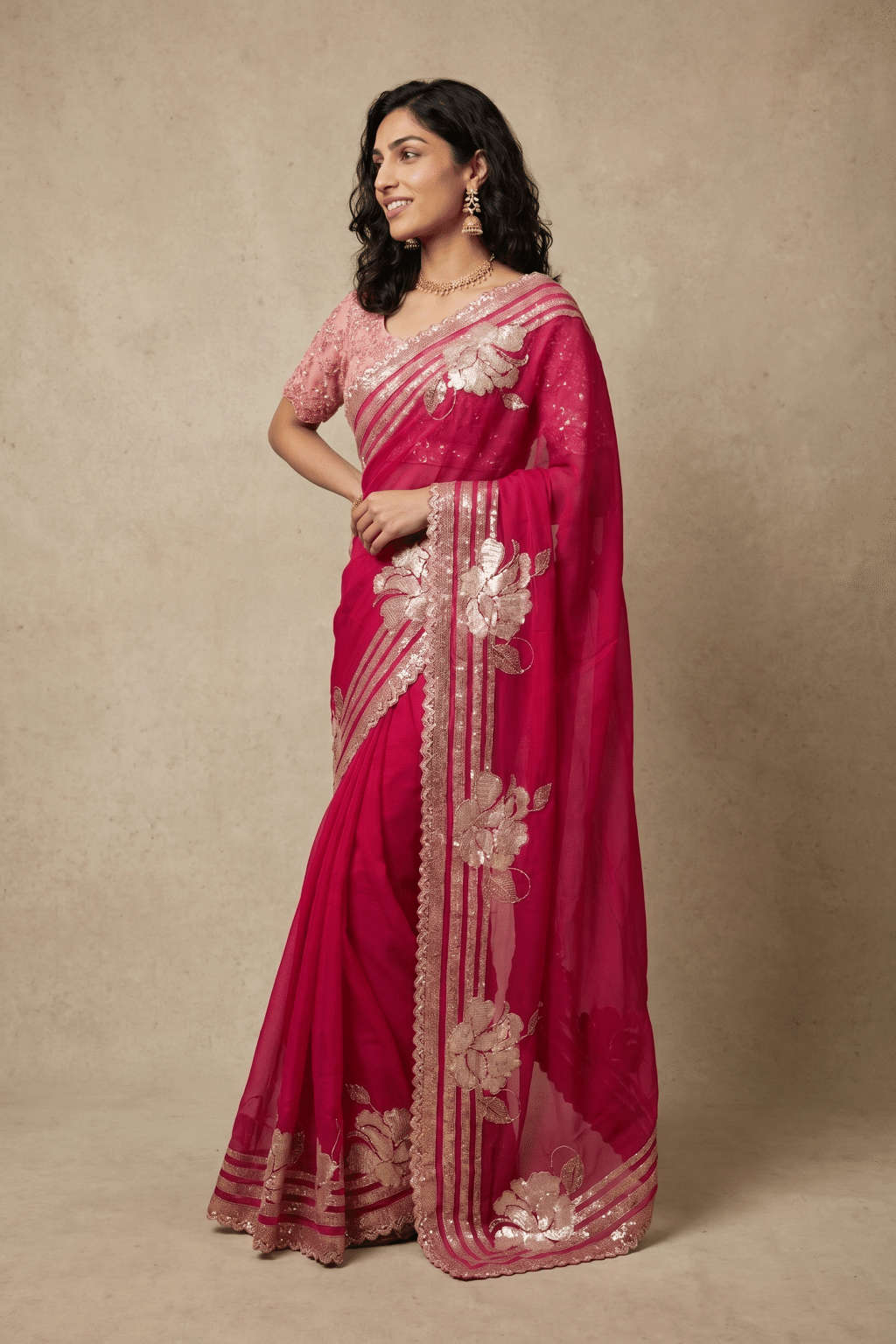 Rani Pink Crepe Saree