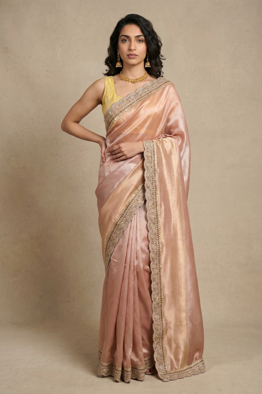 Peach Banaras Handloom Tissue Saree