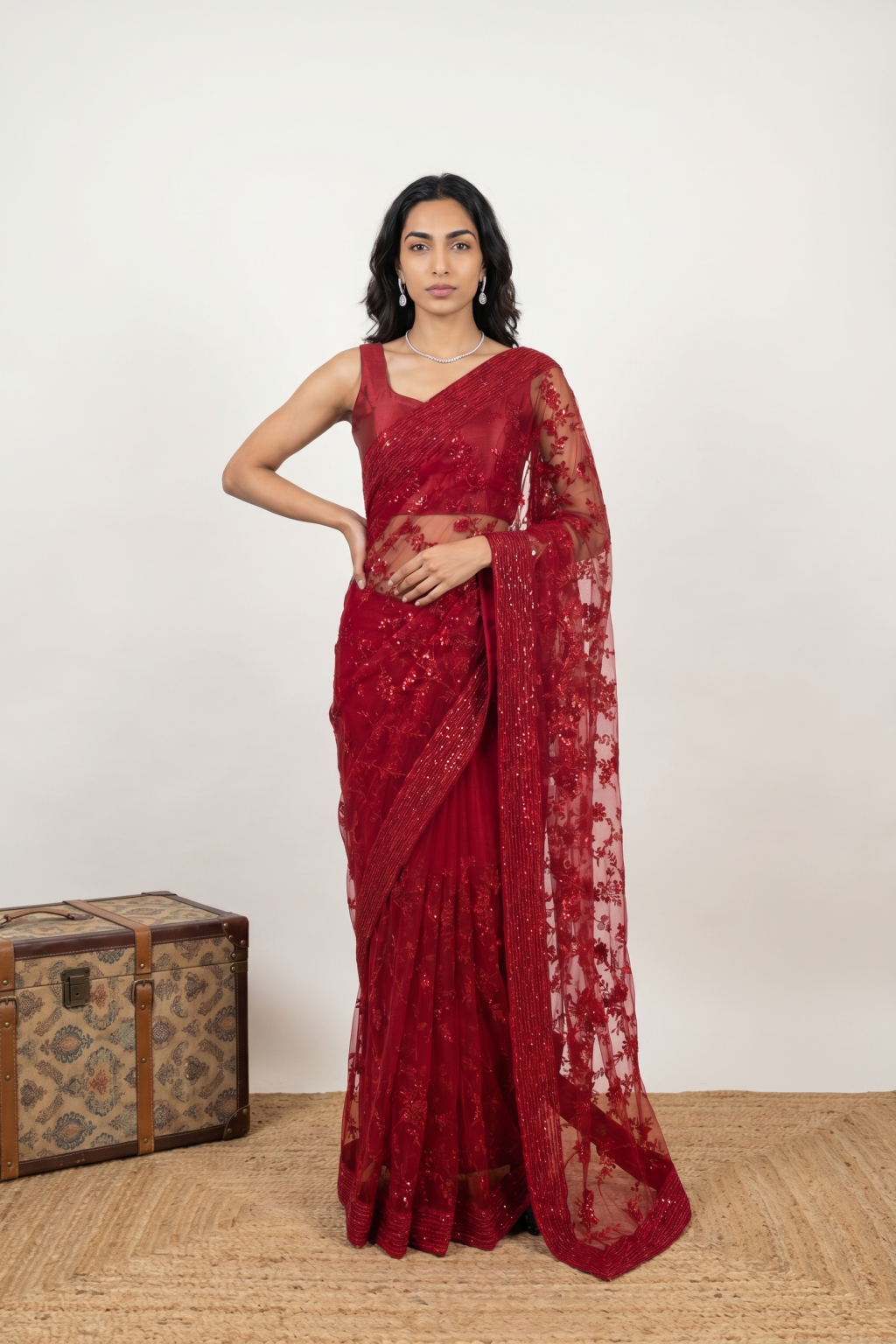 Red Net Saree