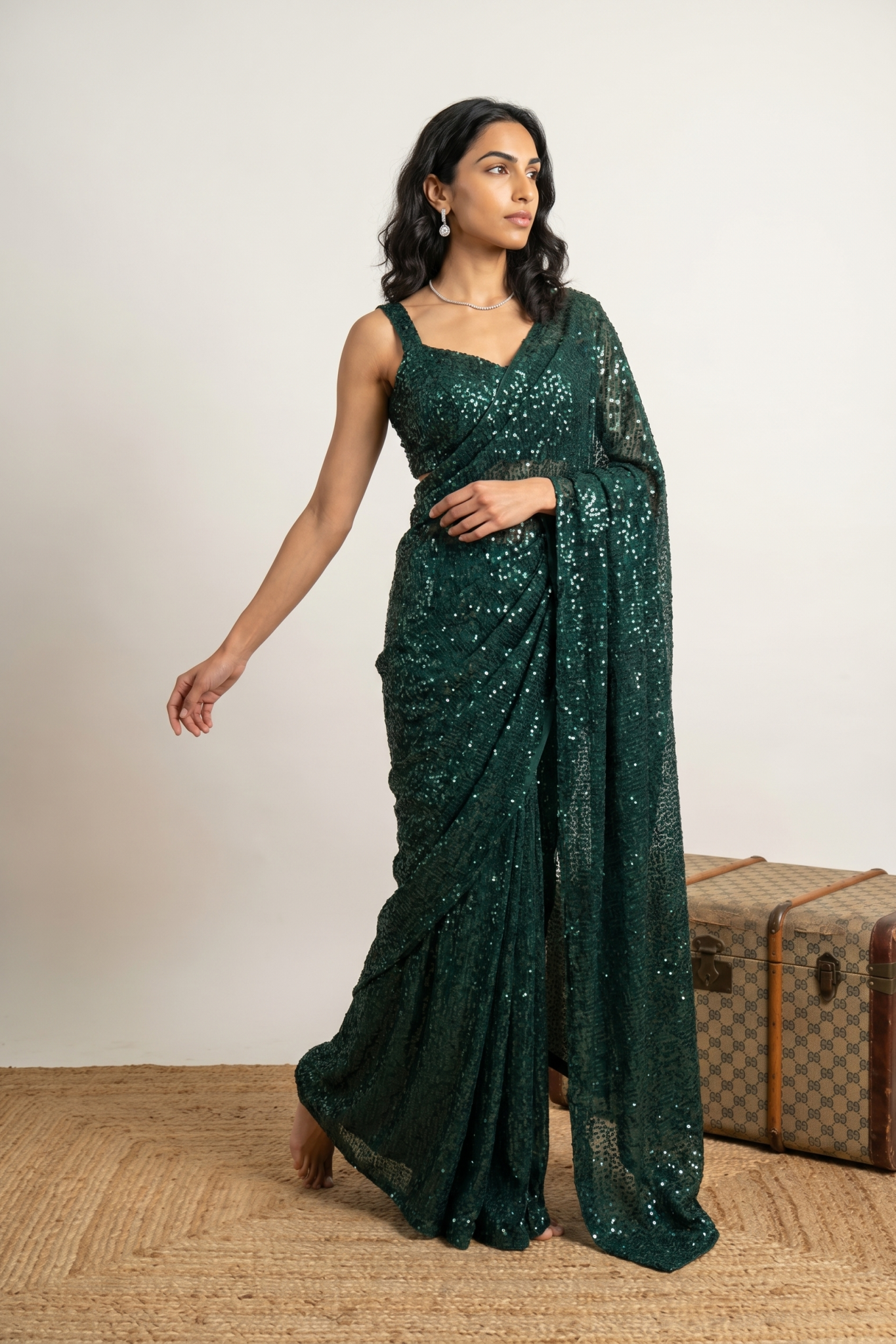 Emerald Green Sequin Georgette Saree