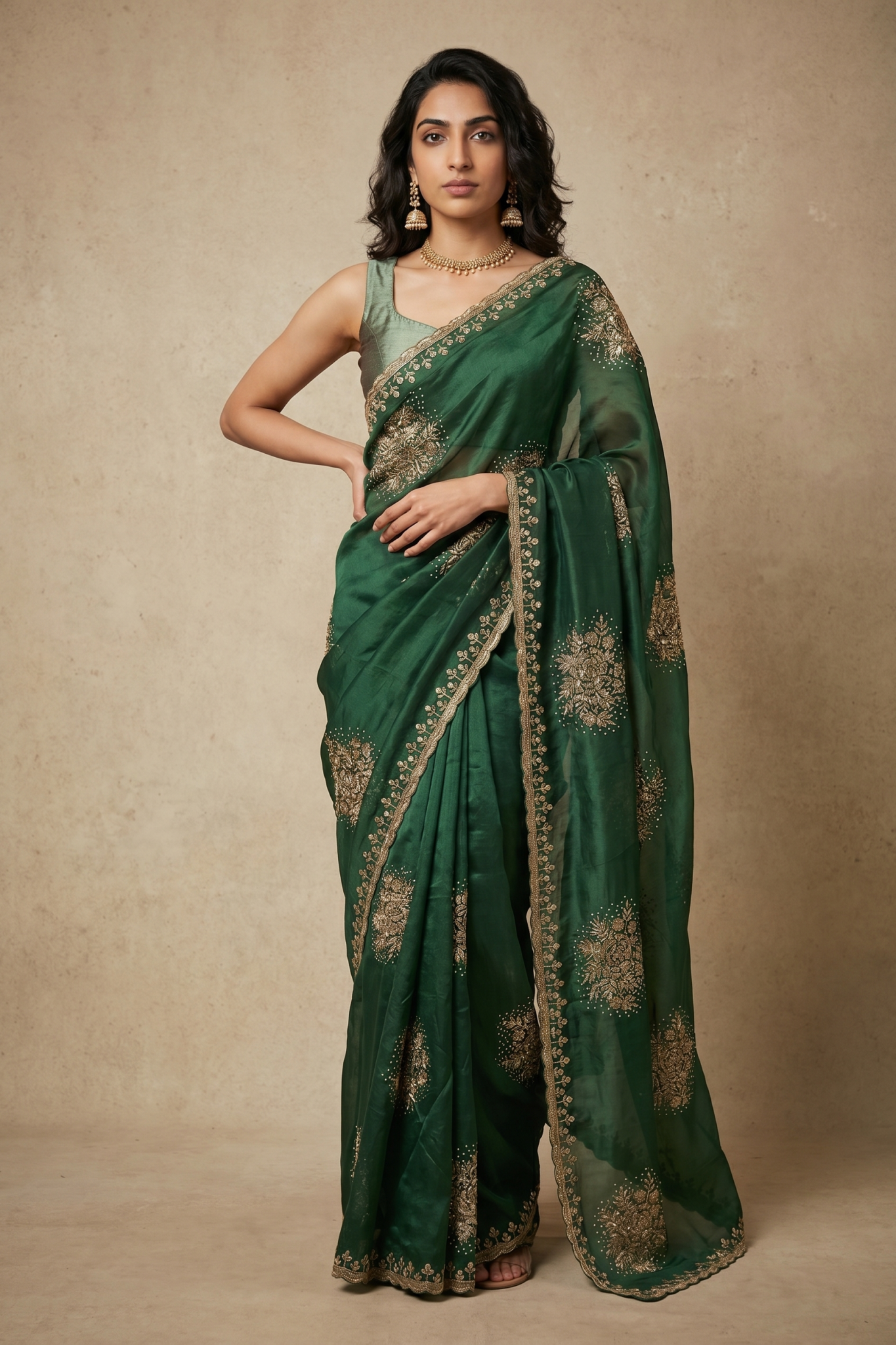 Emerald Green Organza Saree