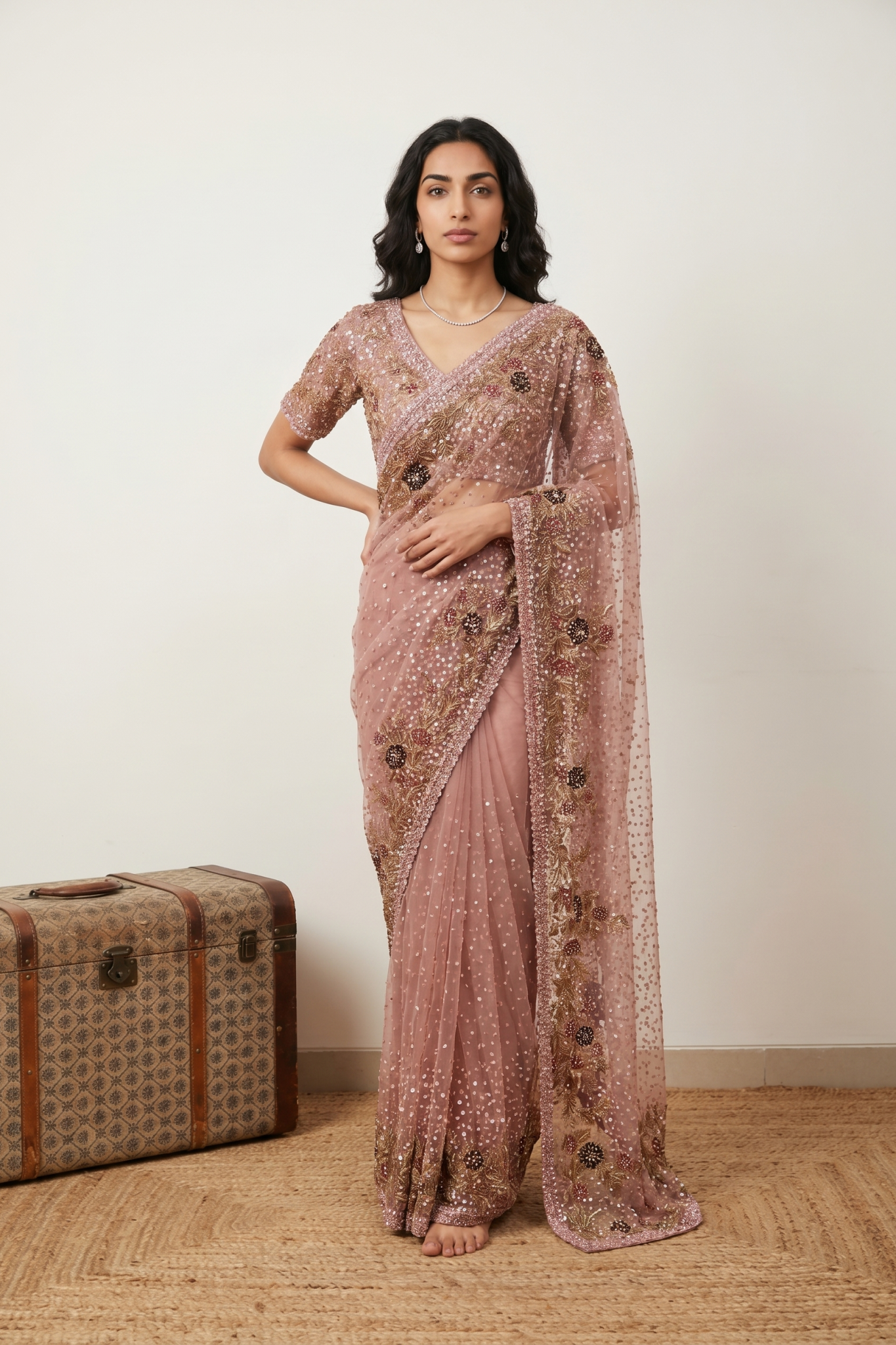 Onion Pink Sequins Net Saree