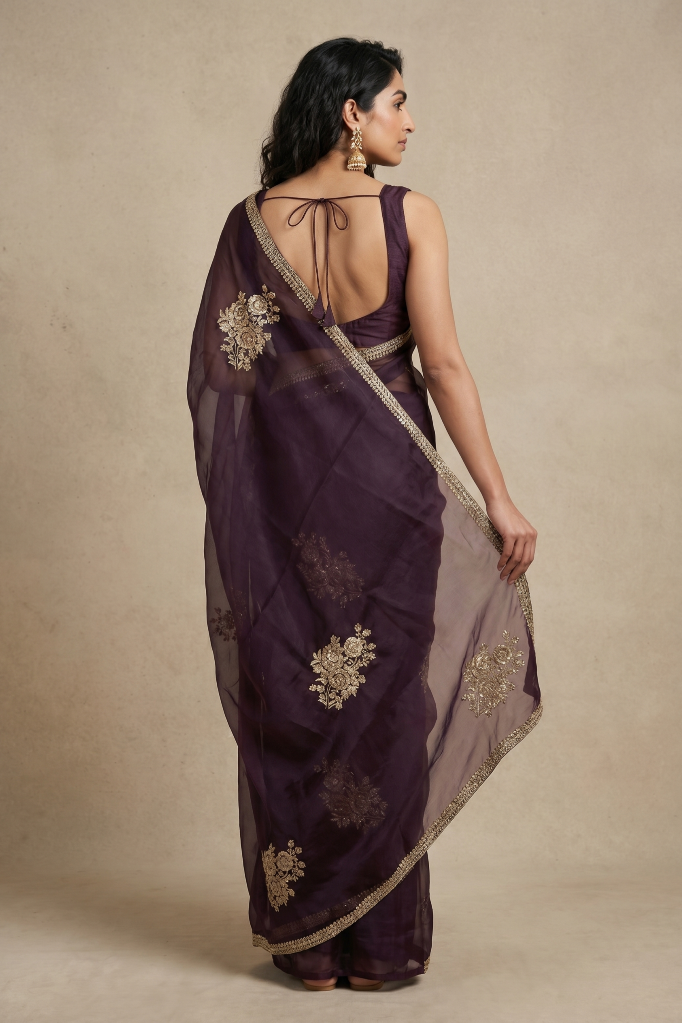 Wine Organza Saree with Embroidered Motifs