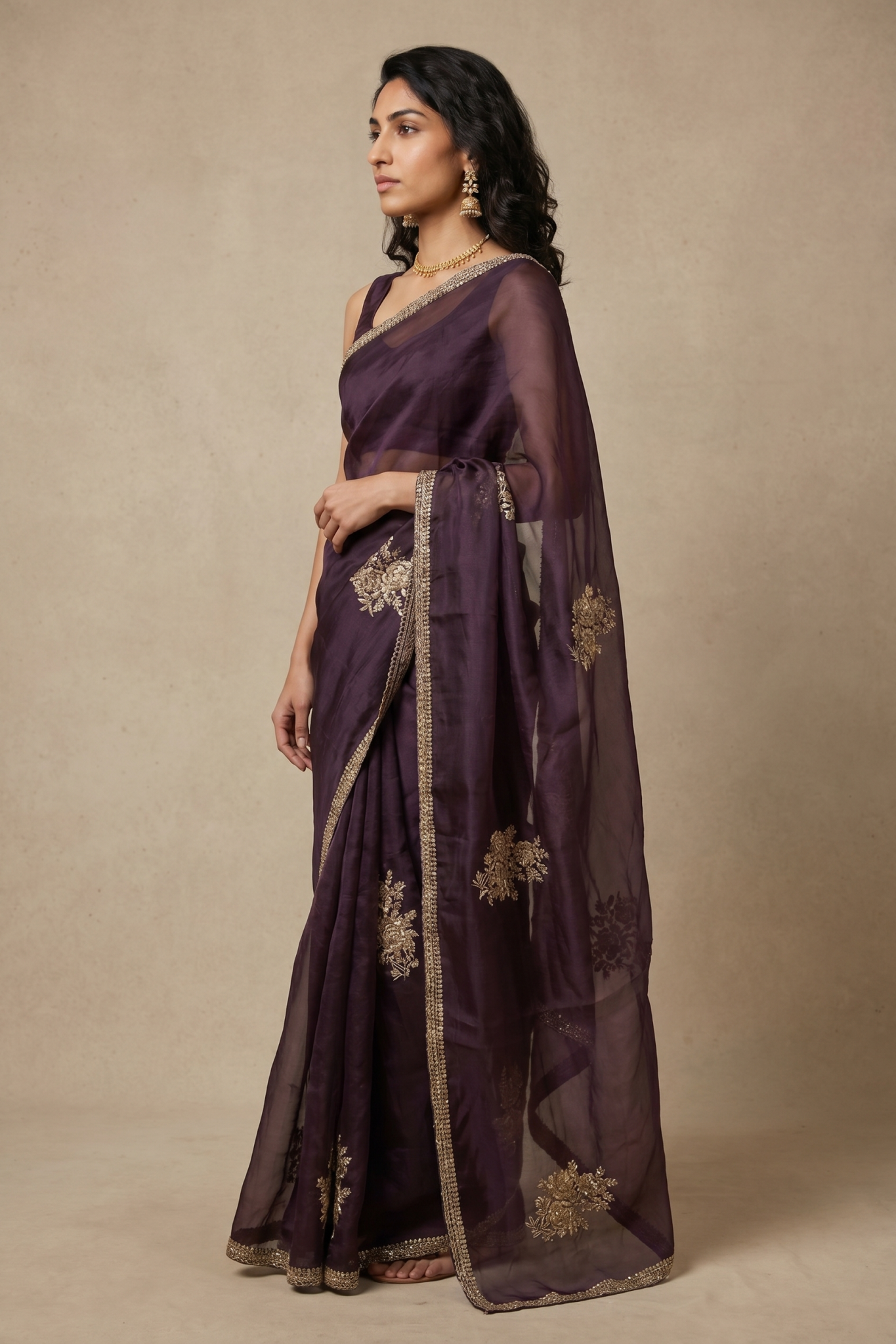 Wine Organza Saree with Embroidered Motifs