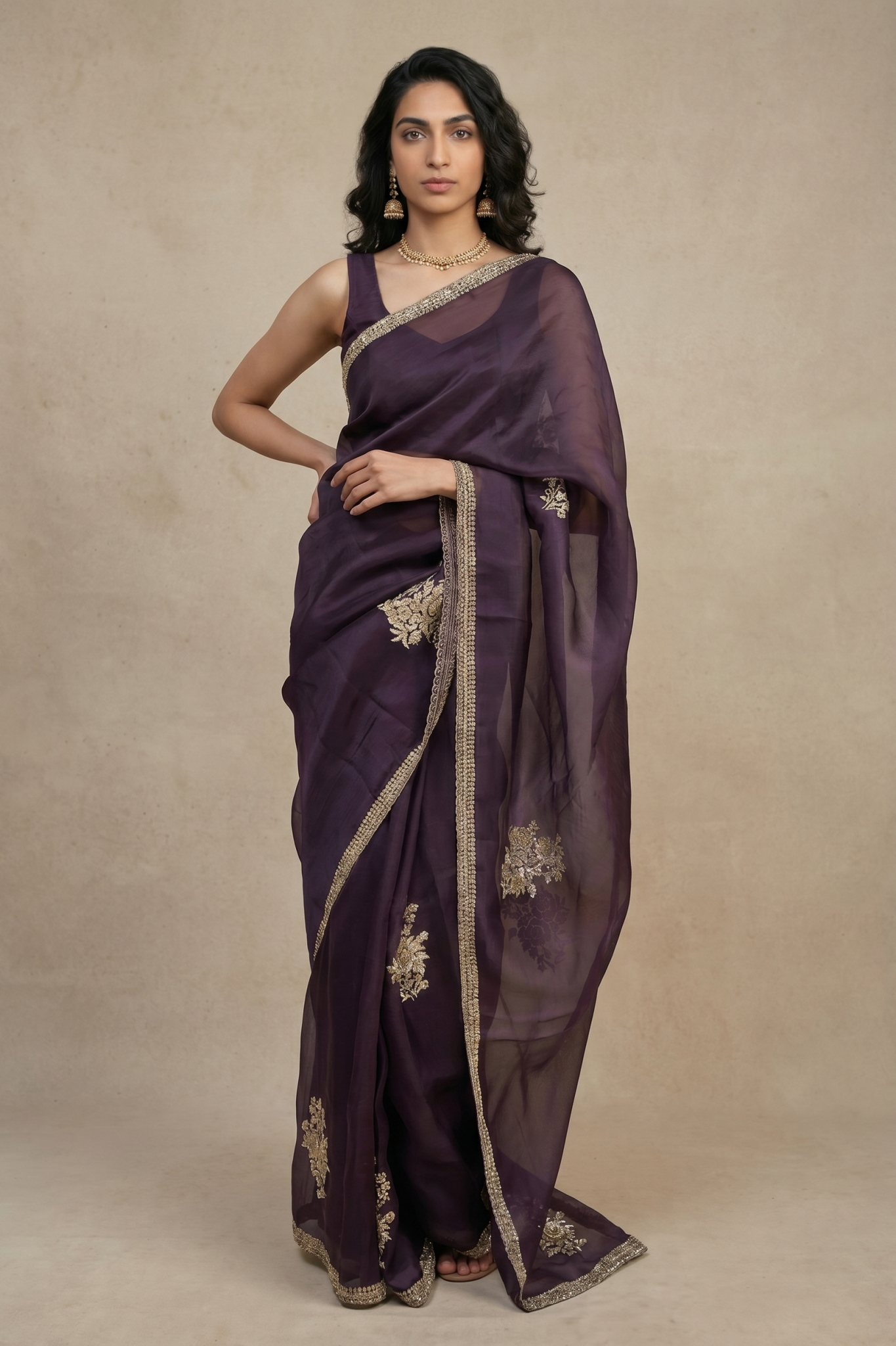 Wine Organza Saree with Embroidered Motifs