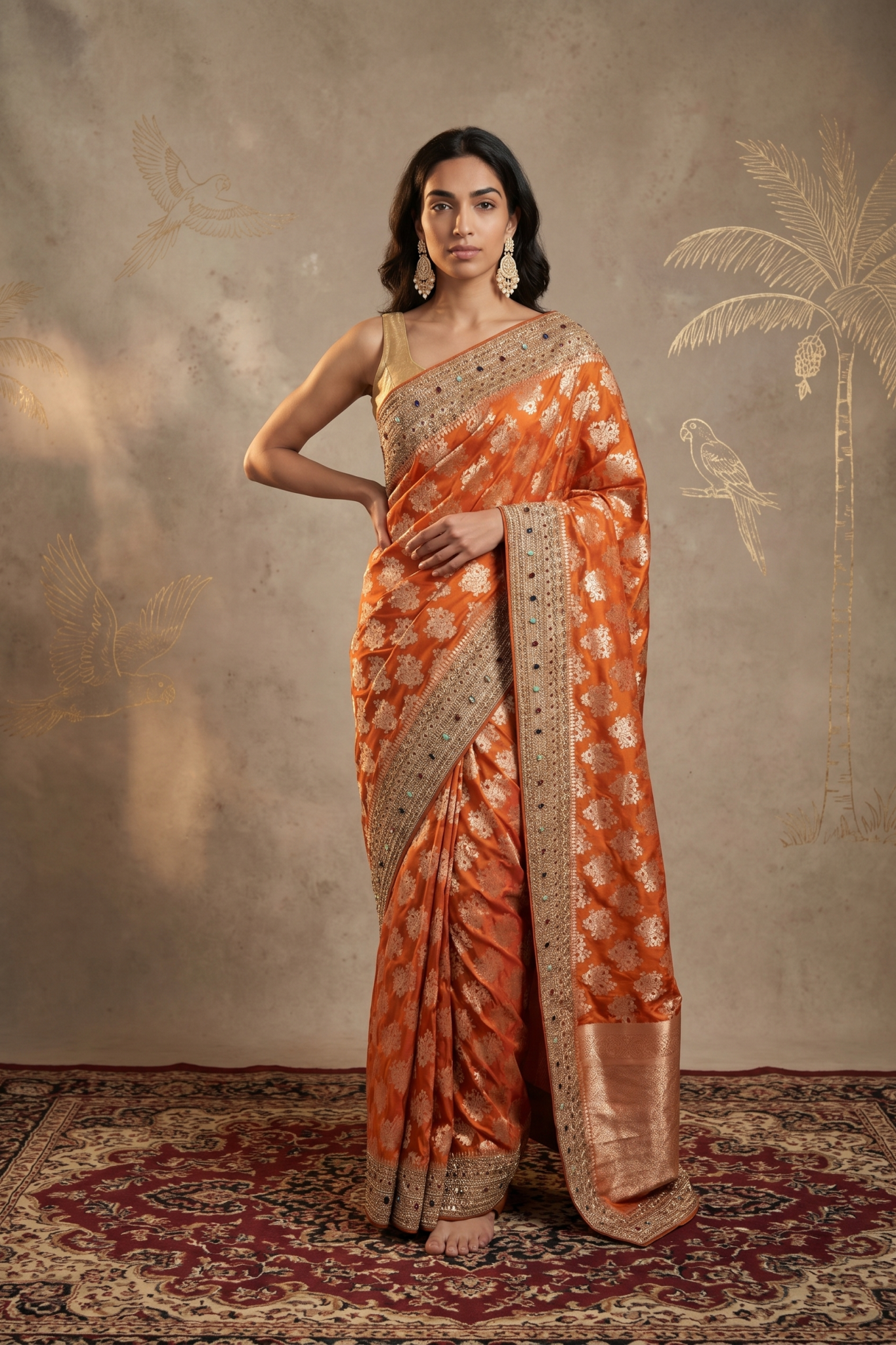 Orange Banarasi Silk Meenakari Saree
